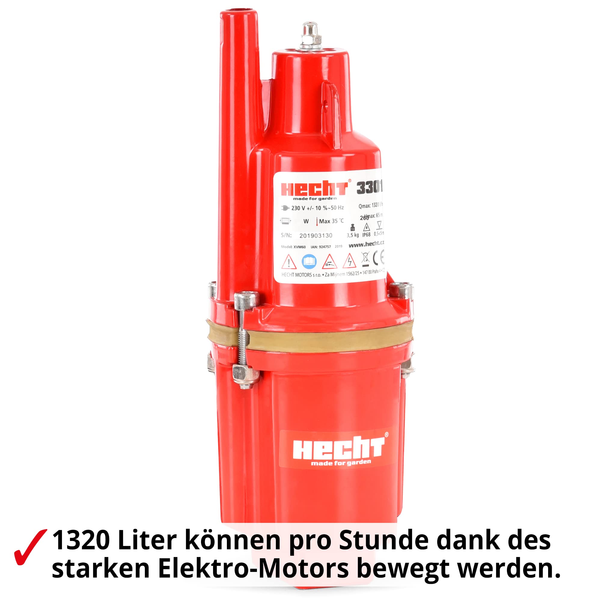HECHT Tiefbrunnenpumpe – 260 Watt / 230v -240 v – 70 m Förderhöhe – 1400 l/h Fördermenge Wasser – Membranpumpe Tauchpumpe Zisternenpumpe Tiefenpumpe – Tauch Tiefe flach 0,5 m - 5 m
