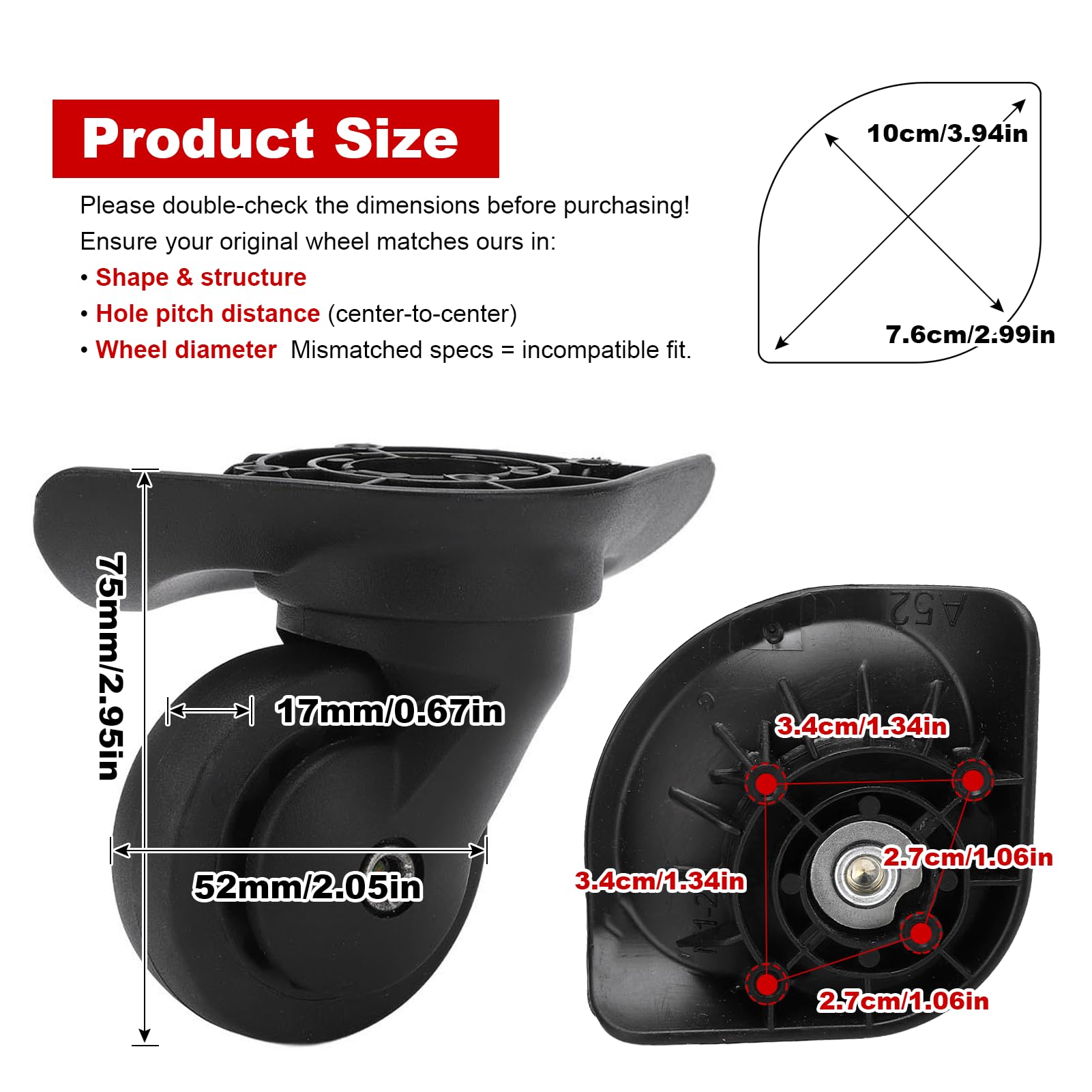2Pcs A52 Valigia Ruote Girevoli Dei Bagagli Ruota di Ricambio Nero Da Viaggio Scatola Della Dogana Ruote Porose Lockbox Spinner Ruota di Riparazione Accessori
