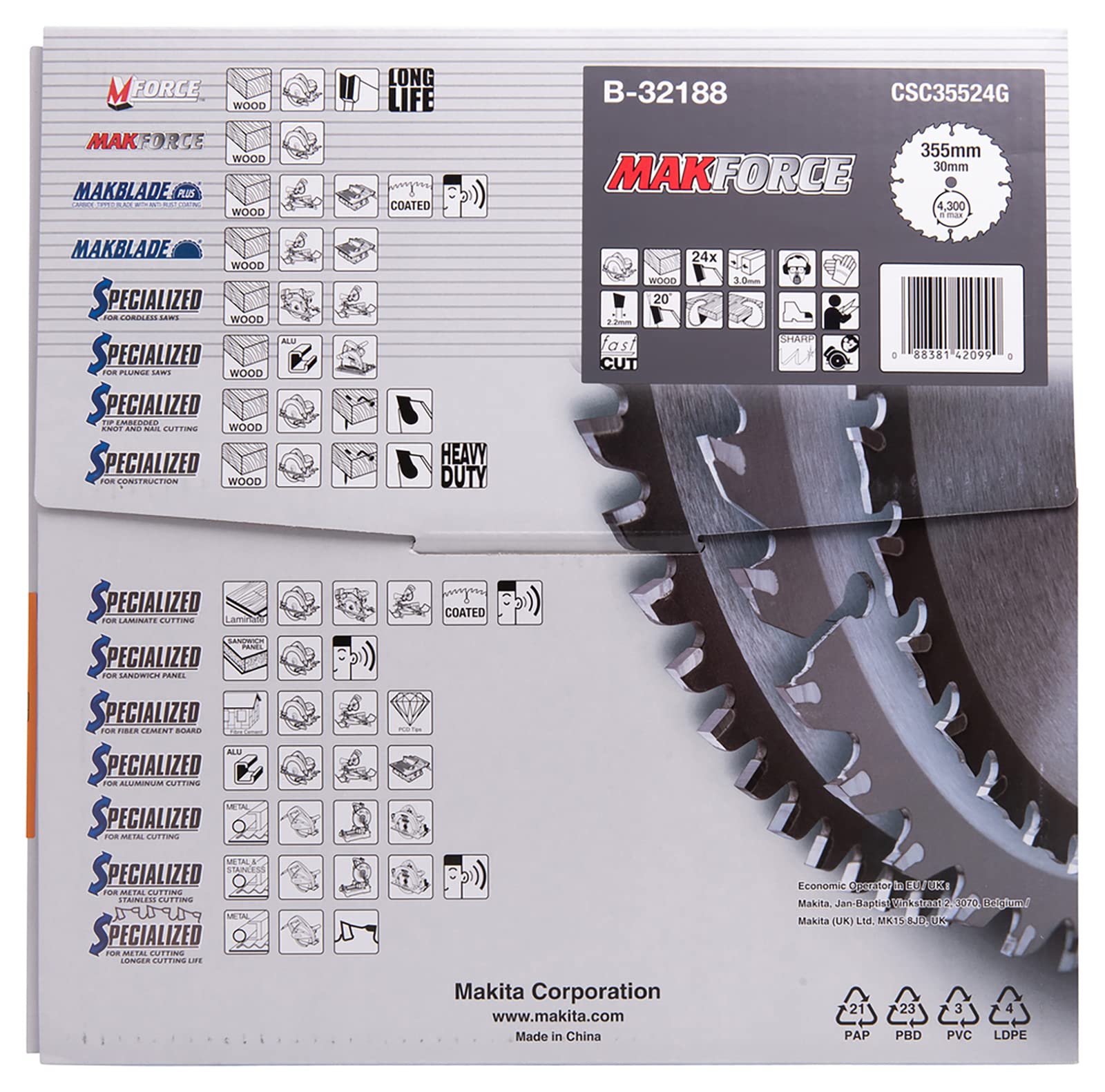 makita-b-08274 Festplatte 355 Säge Makforce x 3 mm 20 Felge 2,2 24Z Achse von 30 Grad
