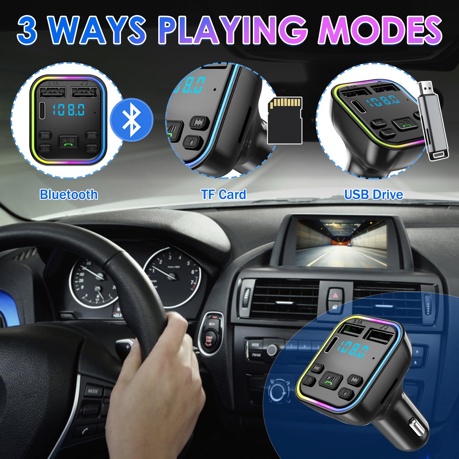 Trasmettitore FM Bluetooth Per Auto - Vivavoce, Doppia USB, Ricarica Rapida 2.1A - Foto 6