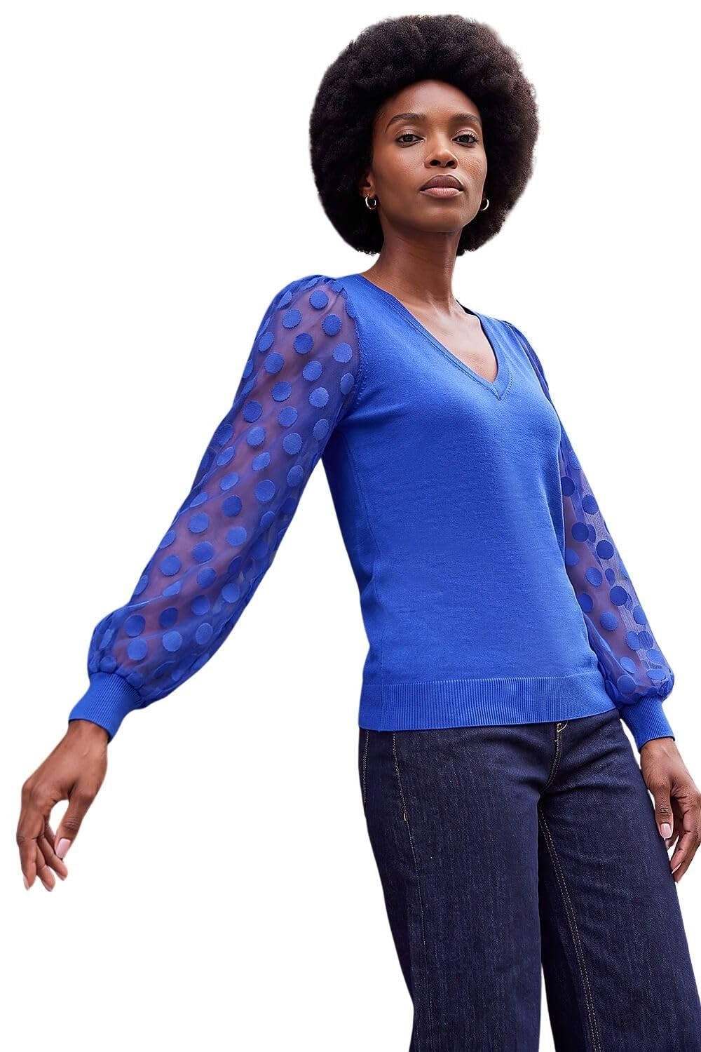 Roman Originals Polka Dot V-Neck Sleeve Knit Jumper for Women UK - Ladies Everyday Autumn Winter V-Neckline Comfy Soft Evening Vacation Work Party Night Out
