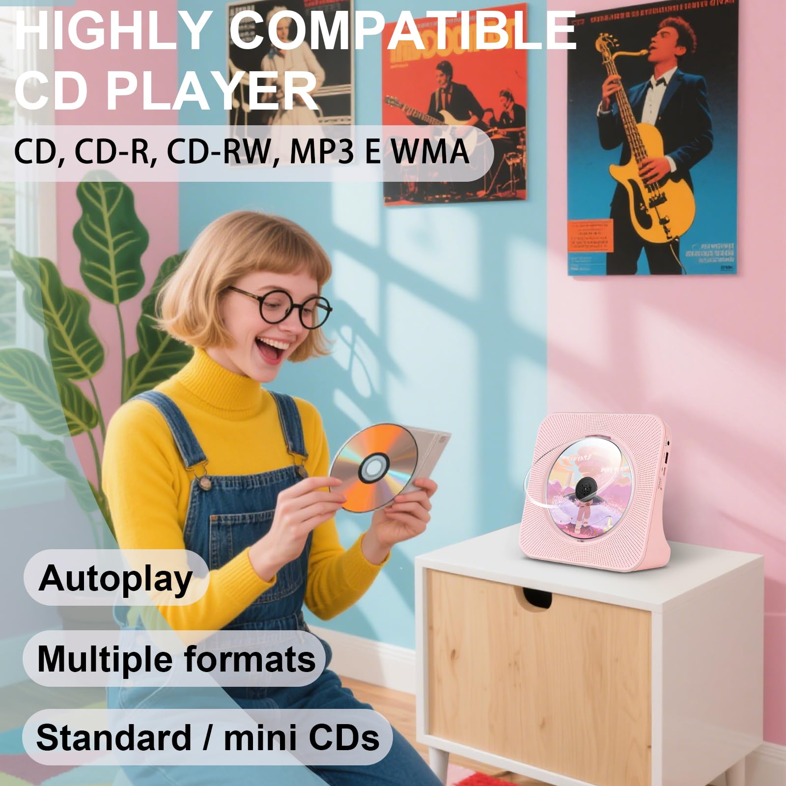 Lecteur CD Bluetooth, USB, Entrée/Sortie AUX, Régulation Audio FM, Lecteurs CDs de Bureau, Lecteur CD Portable HiFi en avec Télécommande, Lecteurs CDs Rose
