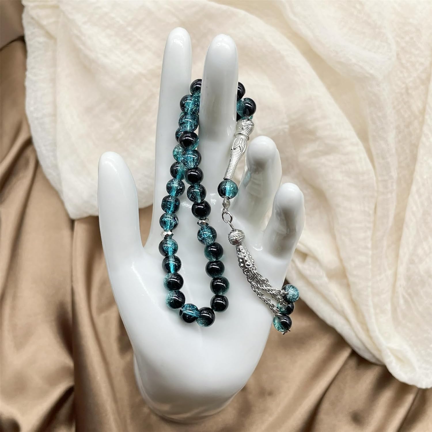 Muslims Prayer Beads 33 Tasbih Ice Cracked Glass Rosary with Fringed Pendant Ethnic Islamics Bracelet for Daily Worship - Image 3