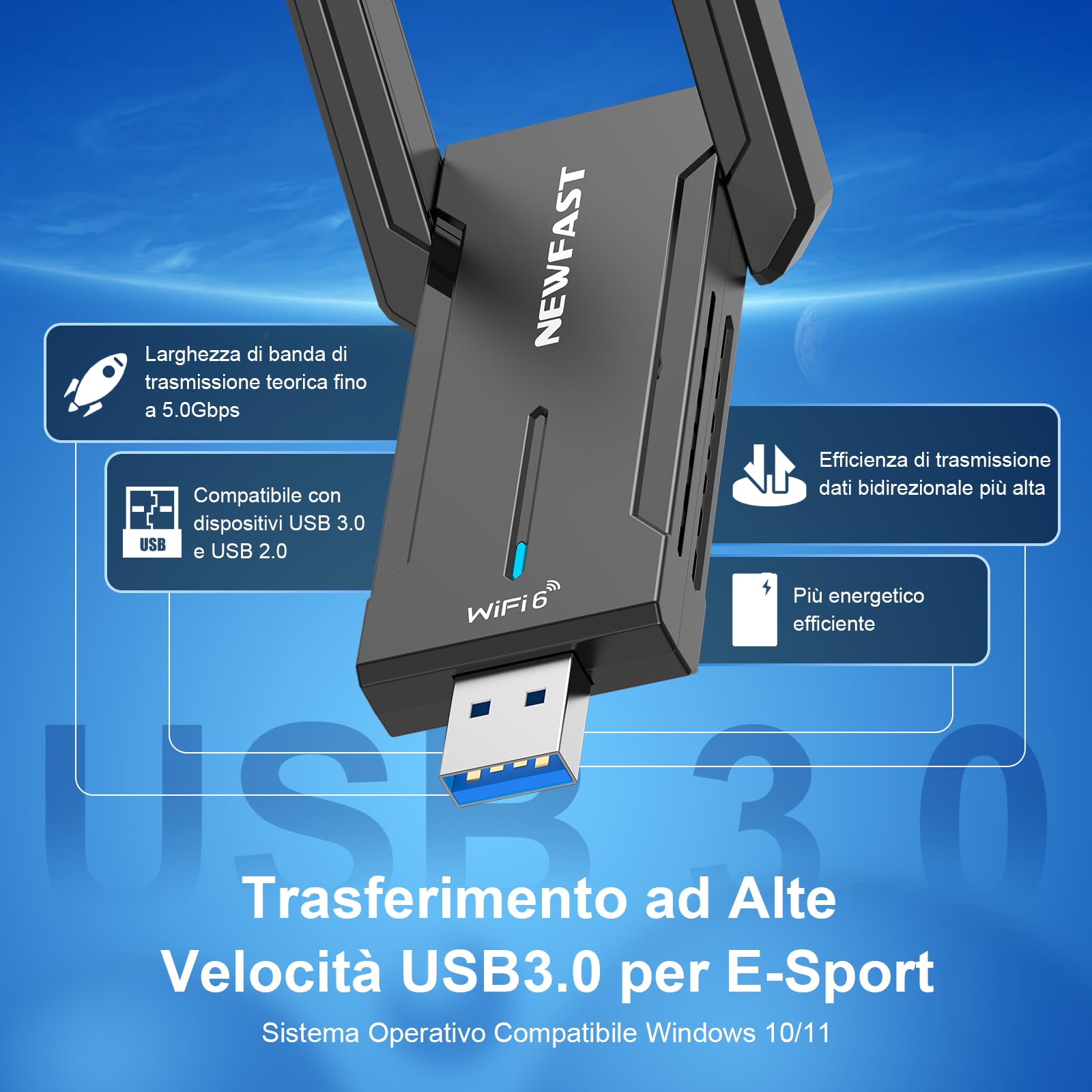 NEWFAST Chiavetta WiFi 6E USB 5400Mbps Tri-Band 6/5/2,4GHz USB3.0 OFDMA MU-Mimo WPA3 NF-U353