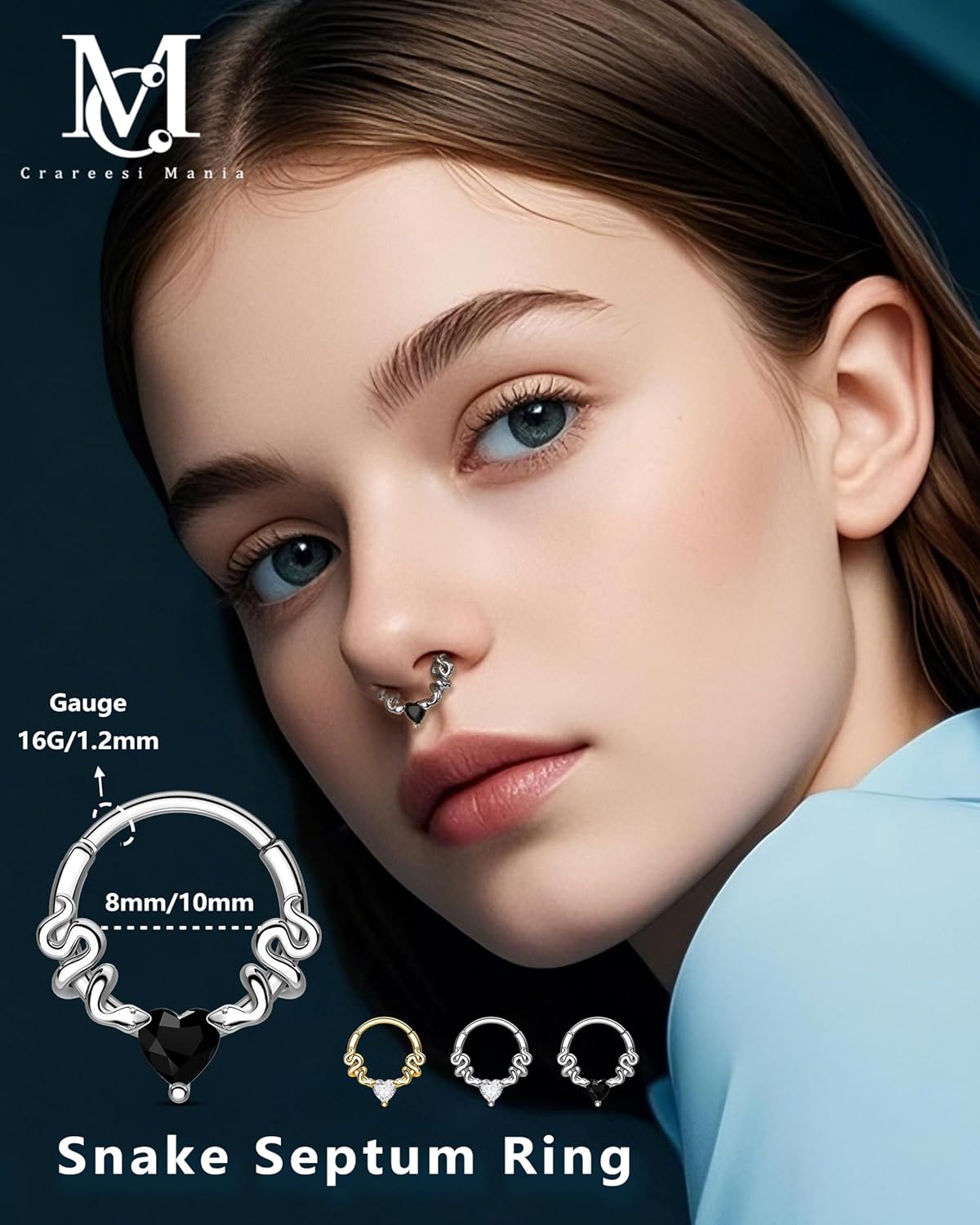 CM Crareesi Mania Septum Rings Snake Septum Piercing Jewelry 316L Stainless Steel Septum Clicker 16G Heart CZ Septum Nose Rings Daith Piercing Jewelry - Image 2