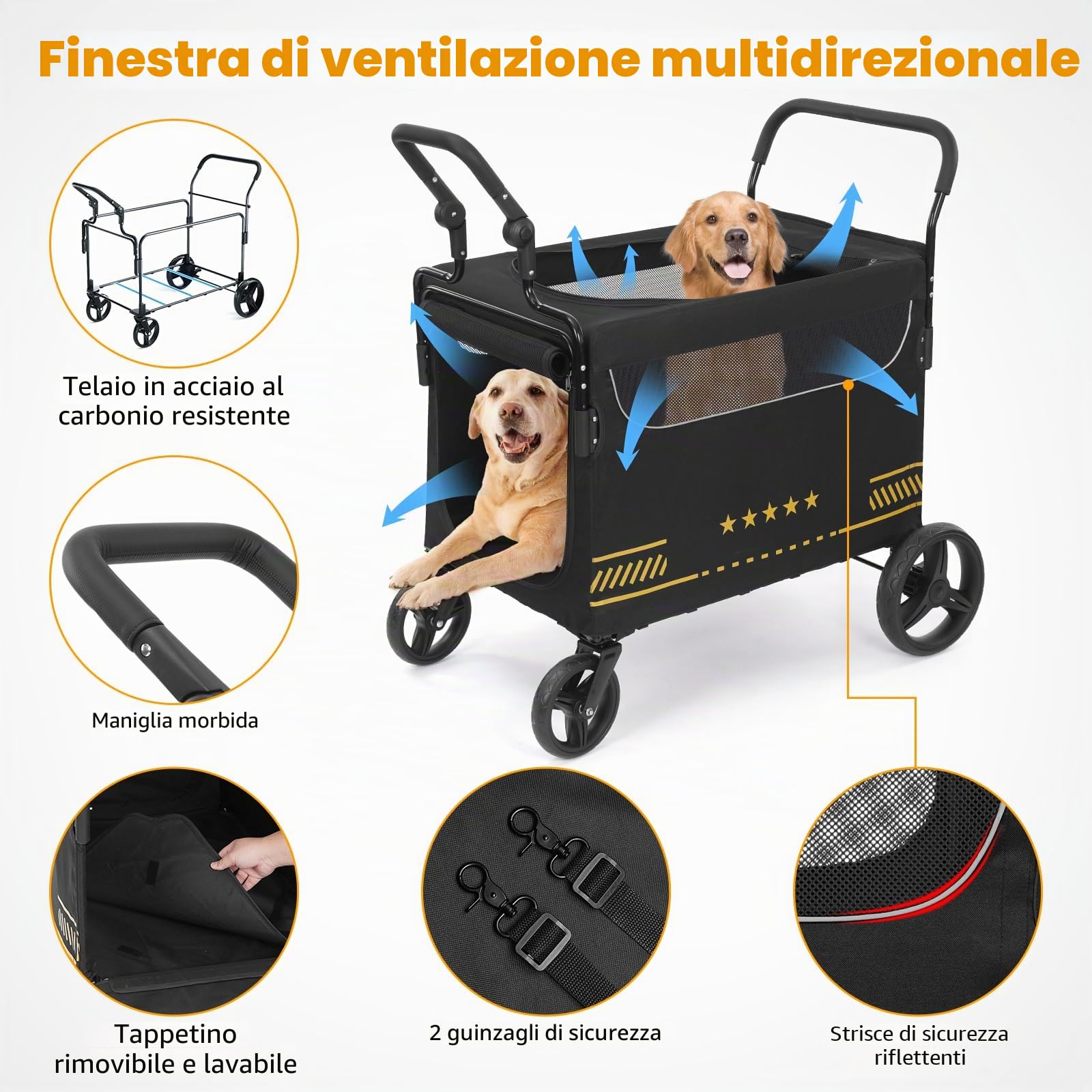Passeggino per Cani Robusto con Rampa Pieghevole per Accesso Facile, Ideale per Cani Anziani o Infortunati, Passeggino per Animali con 2 Manici Regolabili, Fino a 80 kg