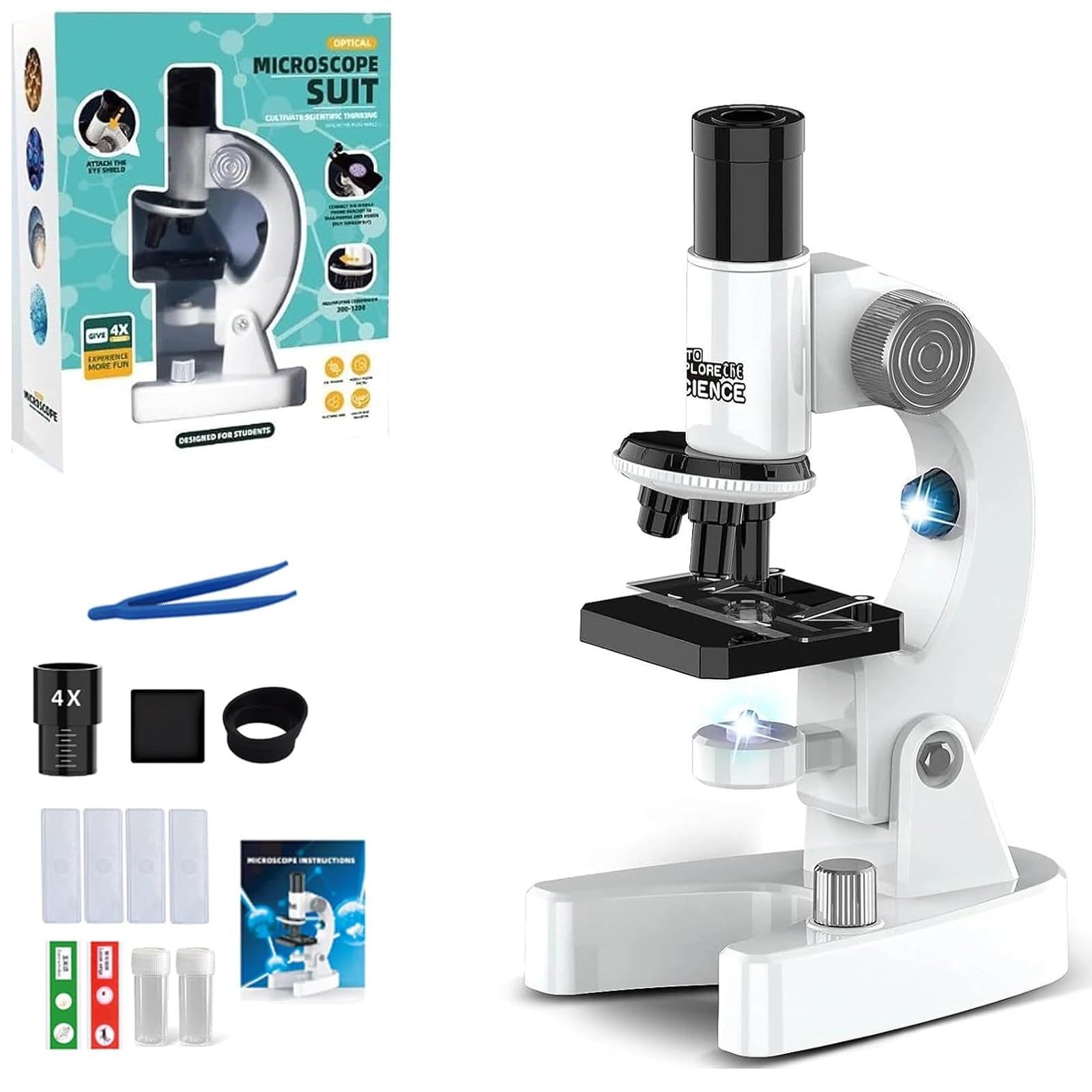 Microscopio per bambini, 200 x 4800 x lente d'ingrandimento per bambini, set microscopio portatile, giocattolo educativo sperimentale, diapositive, preparazioni permanenti, regali di Pasqua per