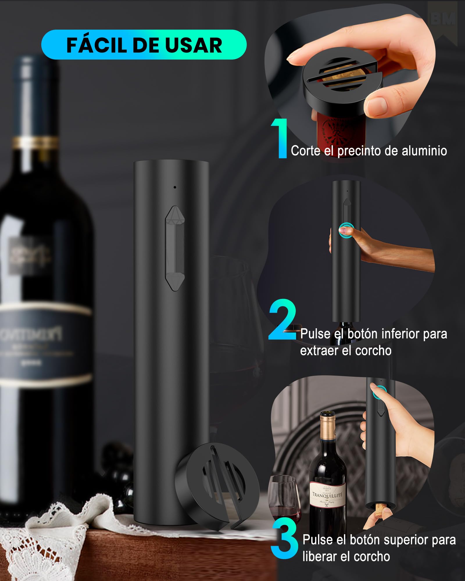Sacacorchos eléctrico recargable, abridor de vino electrico saca rolhas profesional regalos para hombre mujere abrebotellas con cortador láminas y cable USB, ideal para hogar y bar