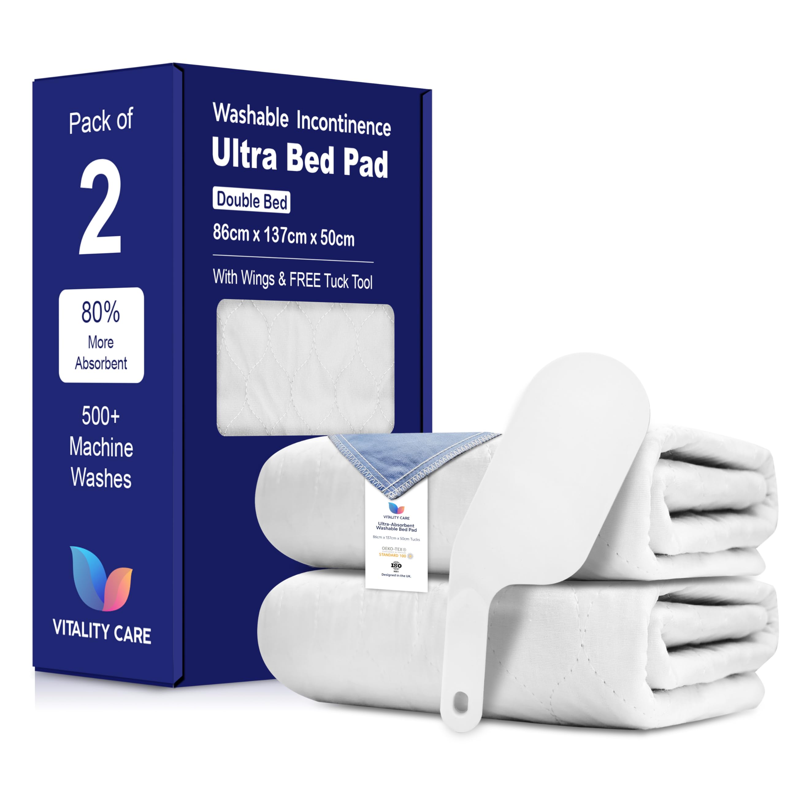 Vitality Care White Waterproof Mattress Protector, Washable Incontinence Bed Pad, 8 Cups Absorbency, Fitted Design With Tuck-In Flaps, Double Bed Size 86X137 Cm, Pack Of 2