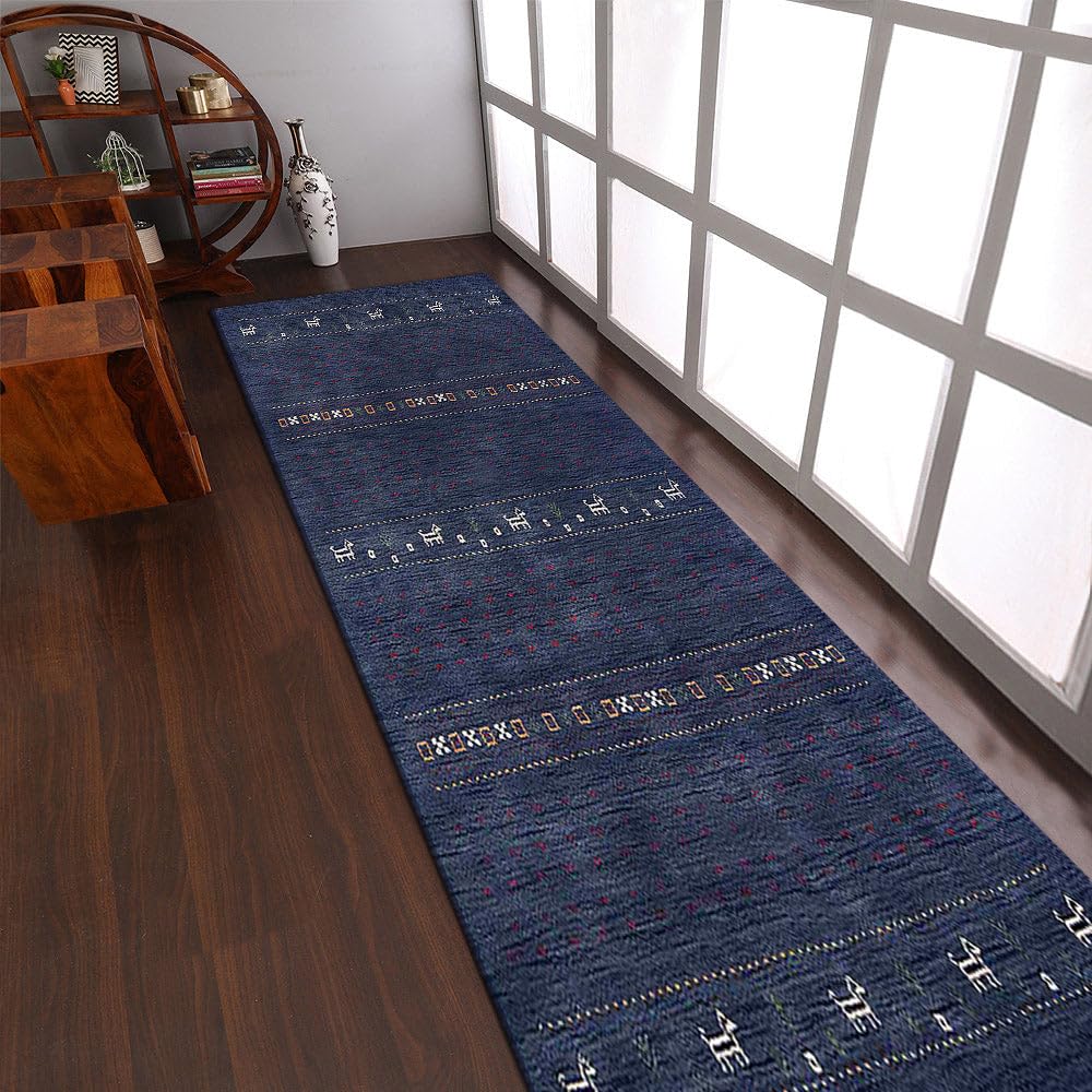 HAND KNOTTED LOOM WOOL ECO-FRIENDLY AREA RUGS - 2'6''x10', Runner, Blue Color, Contemporary Modern Design, High Pile Thick Handmade Anti Skid Rugs for Living Room (L00585)