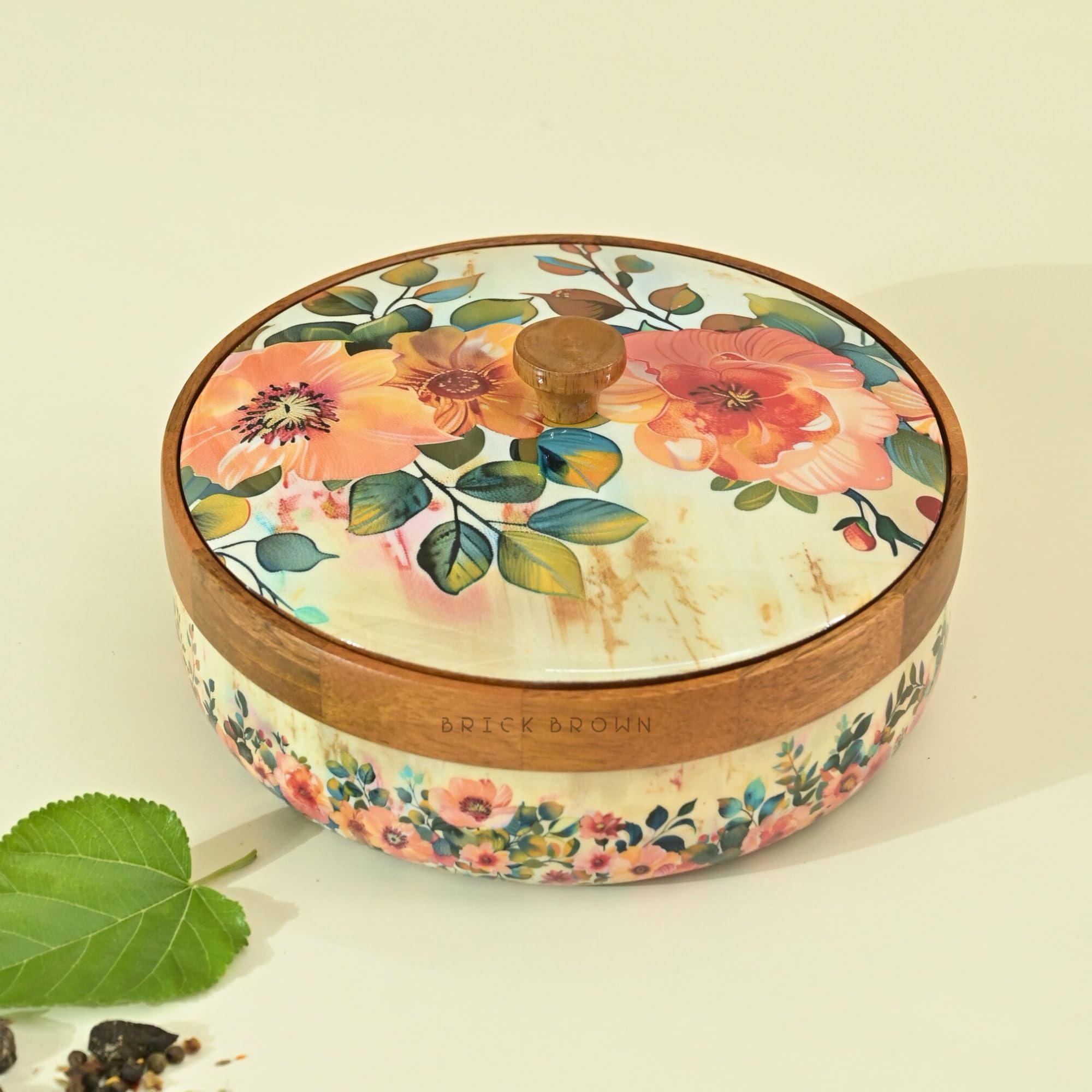 Brick Brown ® Wooden Pastel Flora Enamel Coated Masala Box for Kitchen | Spice Box | Spice Jars | Spice Rack & Masala Dani Organizer Storage Box with 7 Containers and 1 wooden spoon (8.3x4.2 inch) 4