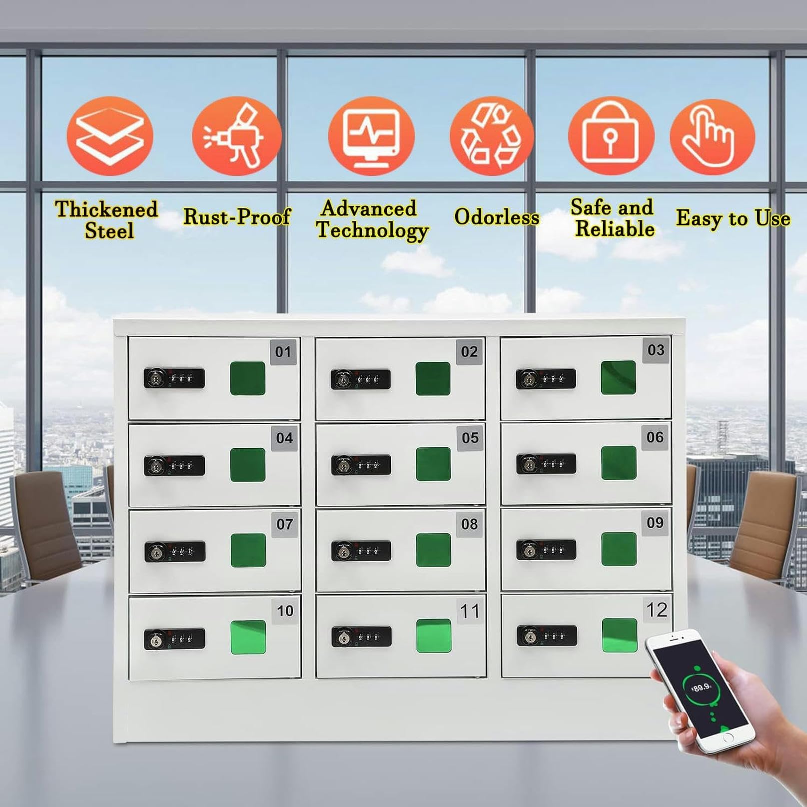 Stazione di ricarica per telefono cellulare a 12 slot, armadietto di ricarica bloccabile con serratura a combinazione, armadietto di stoccaggio per telefono cellulare, con 3 porte di ricarica