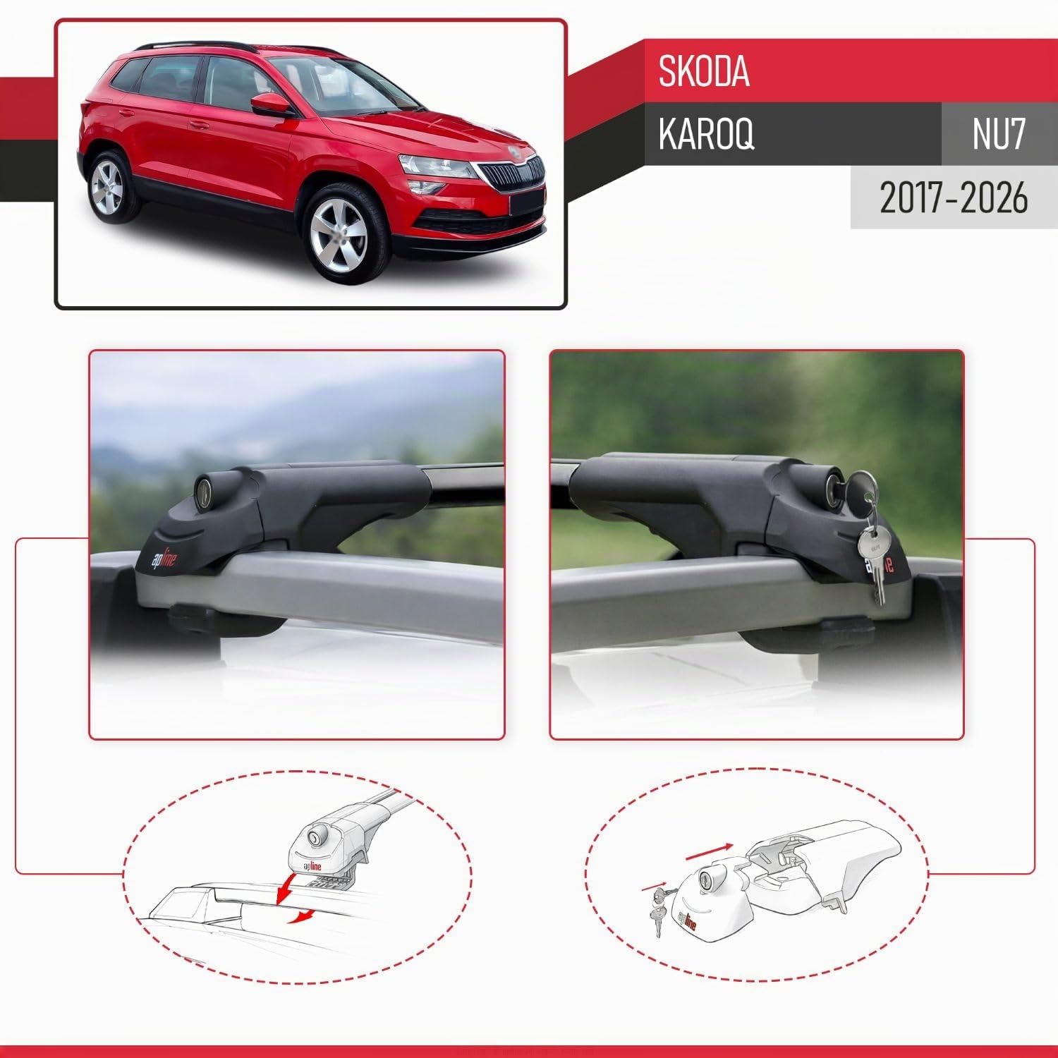 Compatible con Skoda Karoq (NU7) 2017-2026 Modelo Ace-1 Barra de Techo Auto Portaequipajes Barras Transversales Negro Aluminio 2 Barras