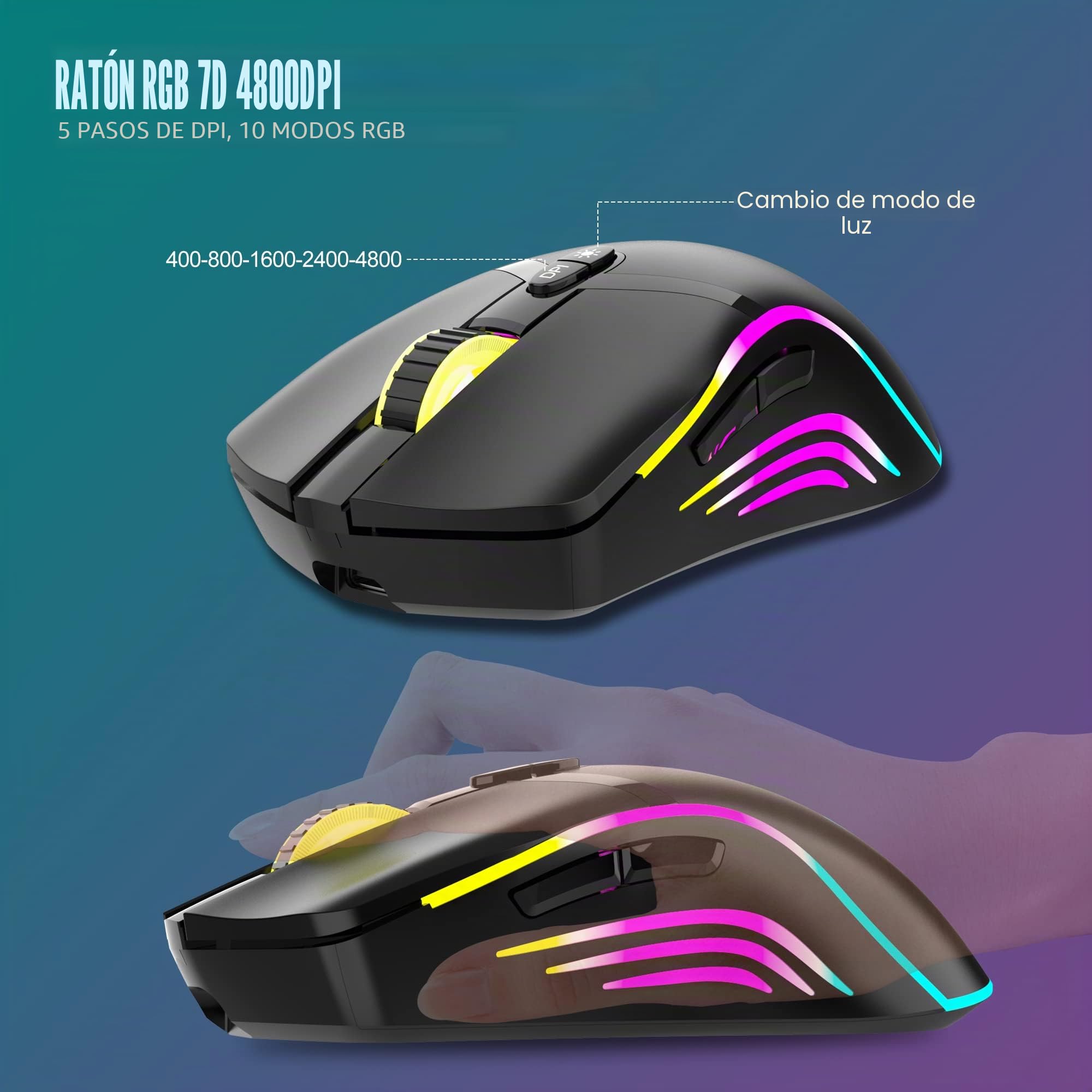 RedThunder K20 Juego de teclado y ratón inalámbricos para gaming, diseño QWERTZ DE, retroiluminación RGB + teclas de función multimedia, ratón inalámbrico de 4800 ppp para PC, Mac, portátil (negro)