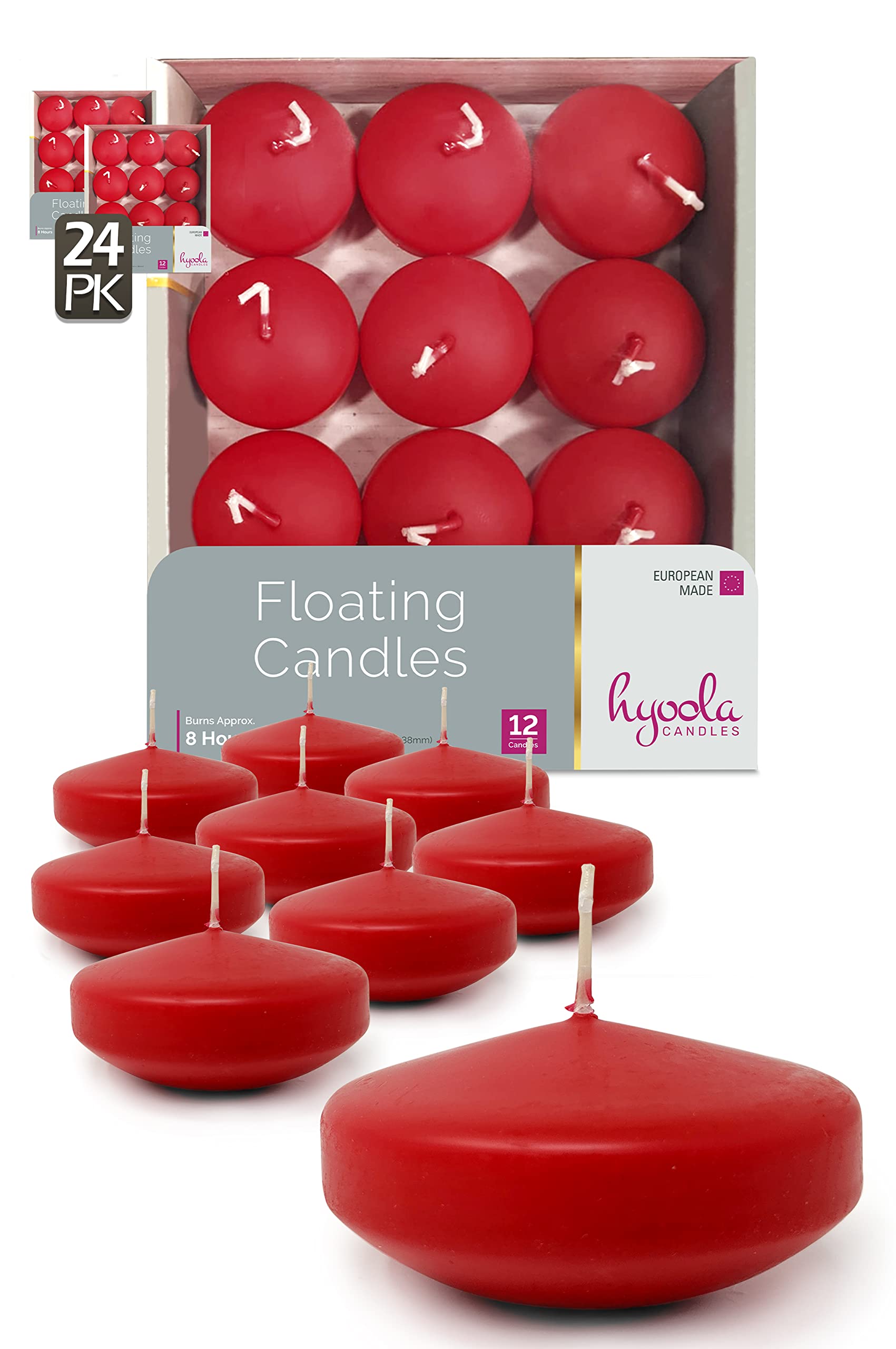 Hyoola Velas Flotantes Agua Premium Rojo - Velas Decorativas Paquete de 24 - Velas Larga Duración, 8 Horas de Combustión - 75 mm - Hecho en Europa