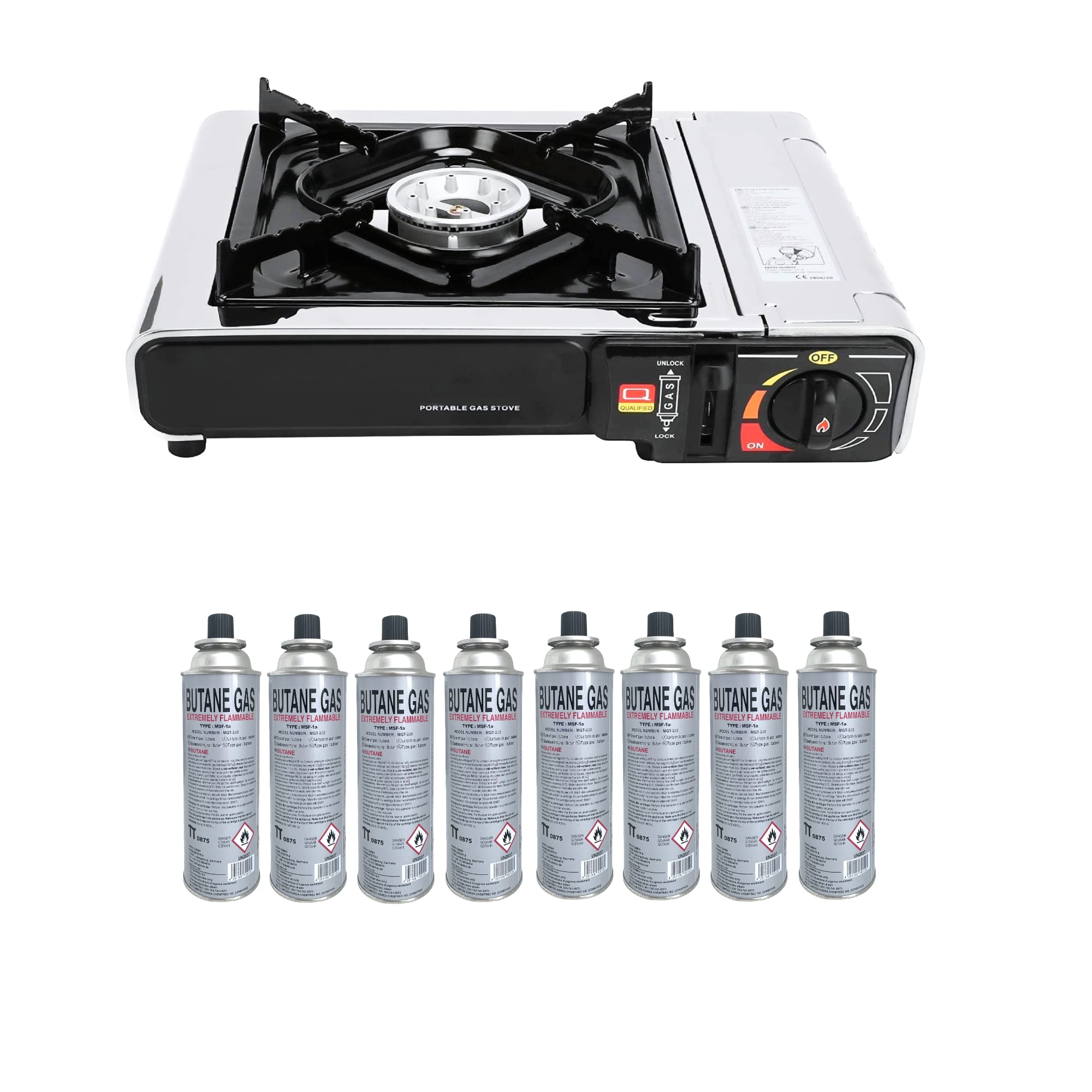 Greenpoint Gaskocher(Edelstahl) + 8 Gaskartuschen - Campingkocher Ink.Tragekoffer mit 8 Gaskartusche, Gaskocher mit Kartusche, Campingkocher mit Kartusche Camping Gas Stove