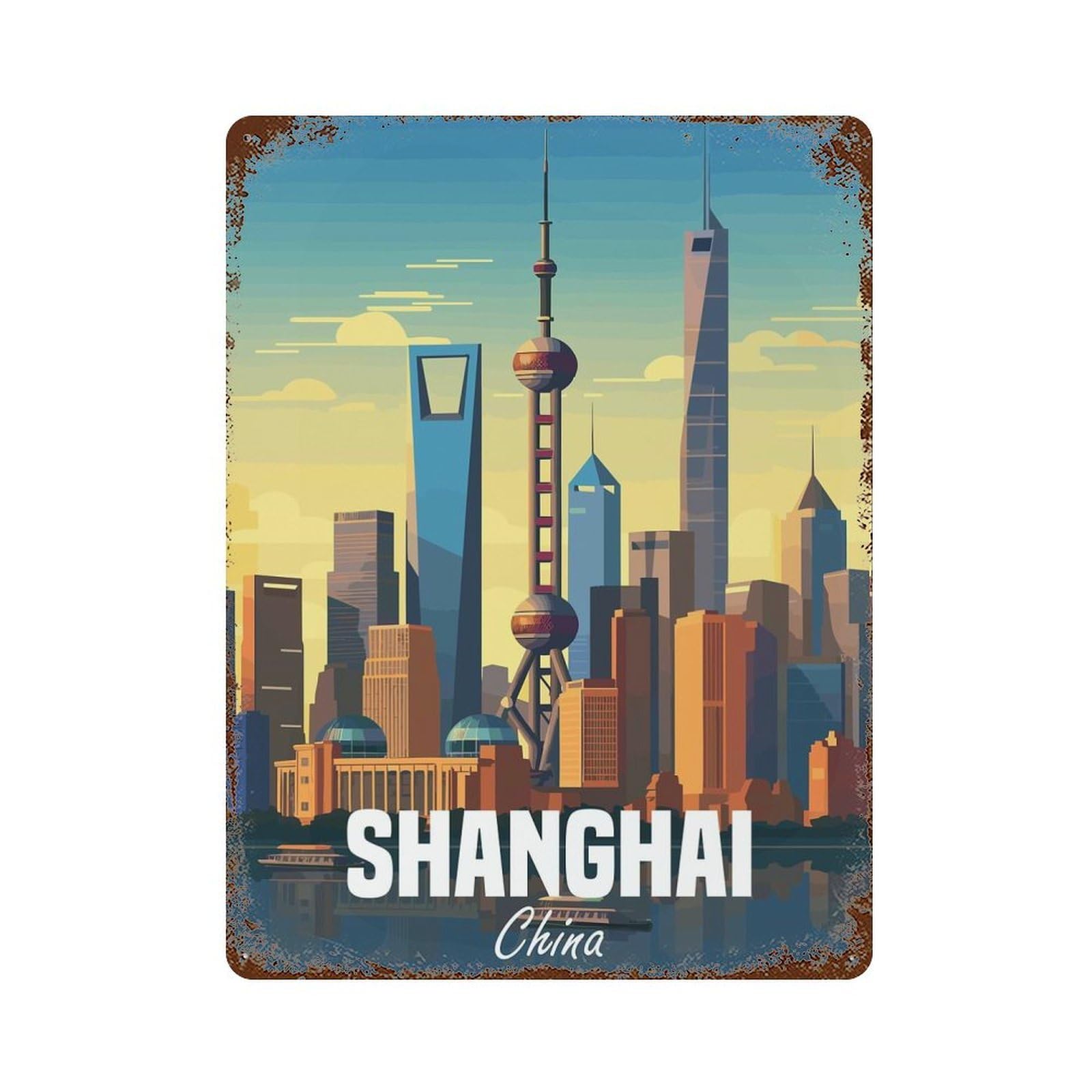Shanghai China Aged Metal Wall Plaque 15.7"x11.8", Ideal for Patio, Garden Room And Bar Decor