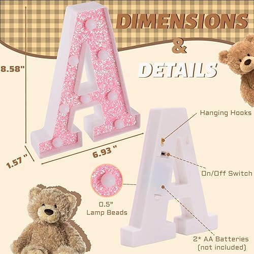 Miniatura 9 de Letras con luces LED, letras de marquesina con brillantina rosa, letras del alfabeto, letreros iluminados por pilas, para decoración de fiestas del