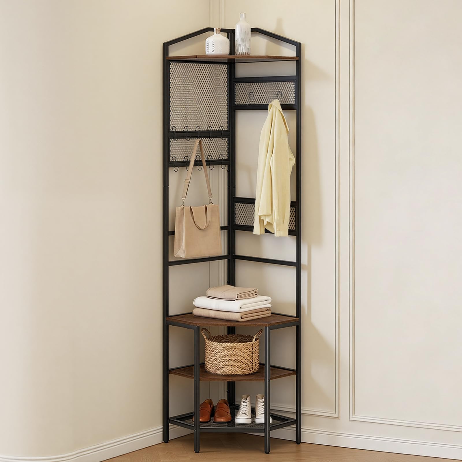 VEVOR Perchero de Esquina 181 cm, Organizador de Ropa con Ganchos y Estante Superior, Armario Abierto con Zapatero, Recibidor de Ropa para Entrada Pasillos Dormitorio Sala de Estar, Marrón y Negro