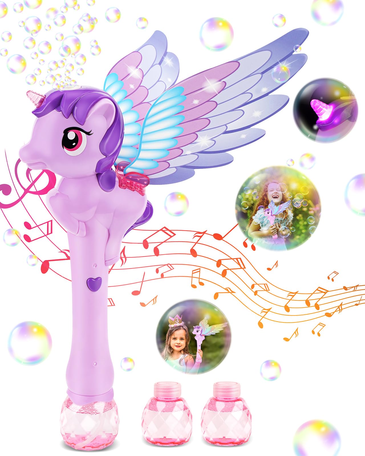 Ucradle Máquina de pompas de jabón para niños, barra de burbujas automática de unicornio con luz y música, varita mágica con 2 soluciones de burbujas, juguete de burbujas, para fiesta/boda/regalo de