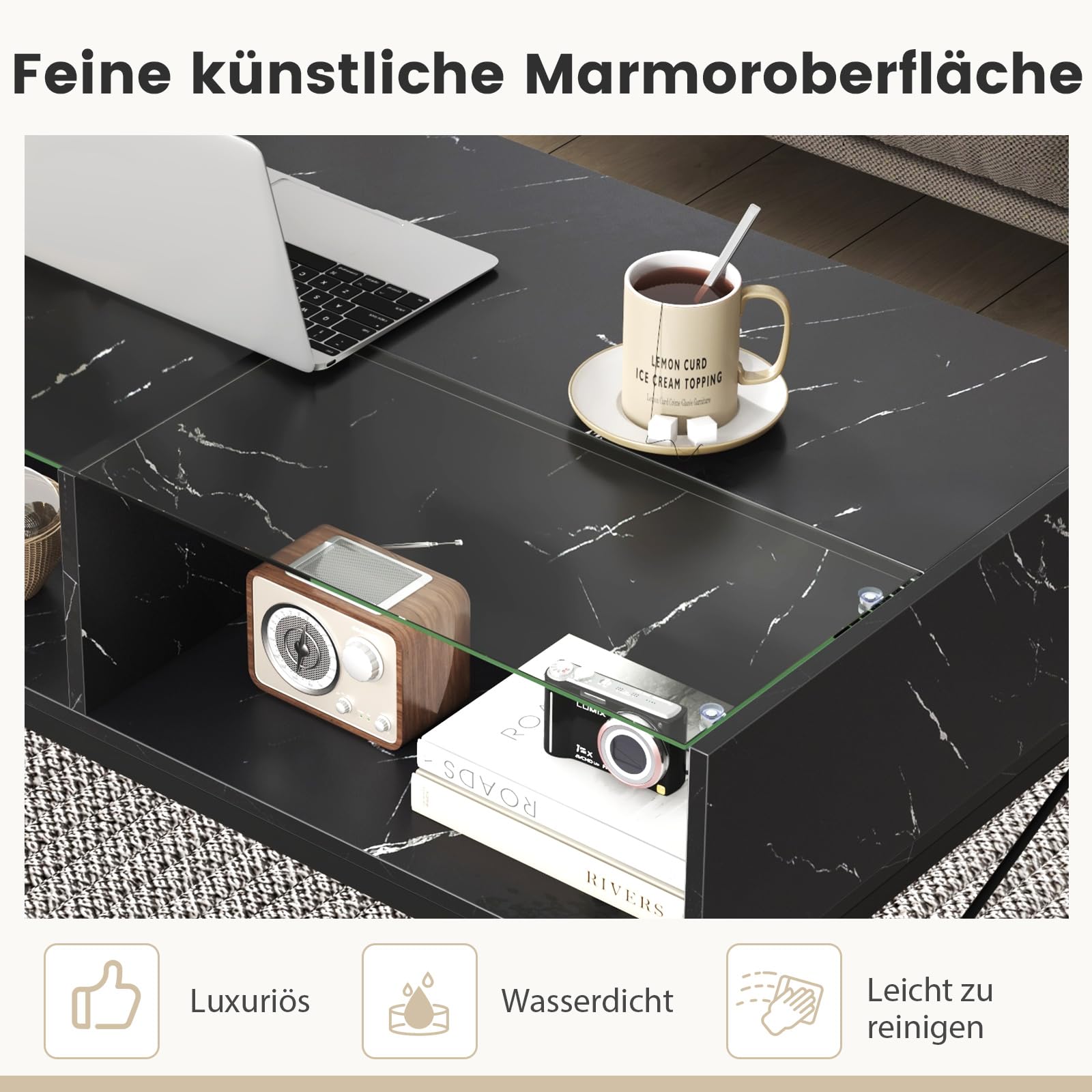 COSTWAY LED Couchtisch, Wohnzimmertisch Marmor Optik, Kaffeetisch mit einstellbaren Lichtfarben & Helligkeit, Fernbedienung und 4 Ablagefächern, Sofatisch für Wohnzimmer, 105 x 55 x 50 cm (Schwarz)