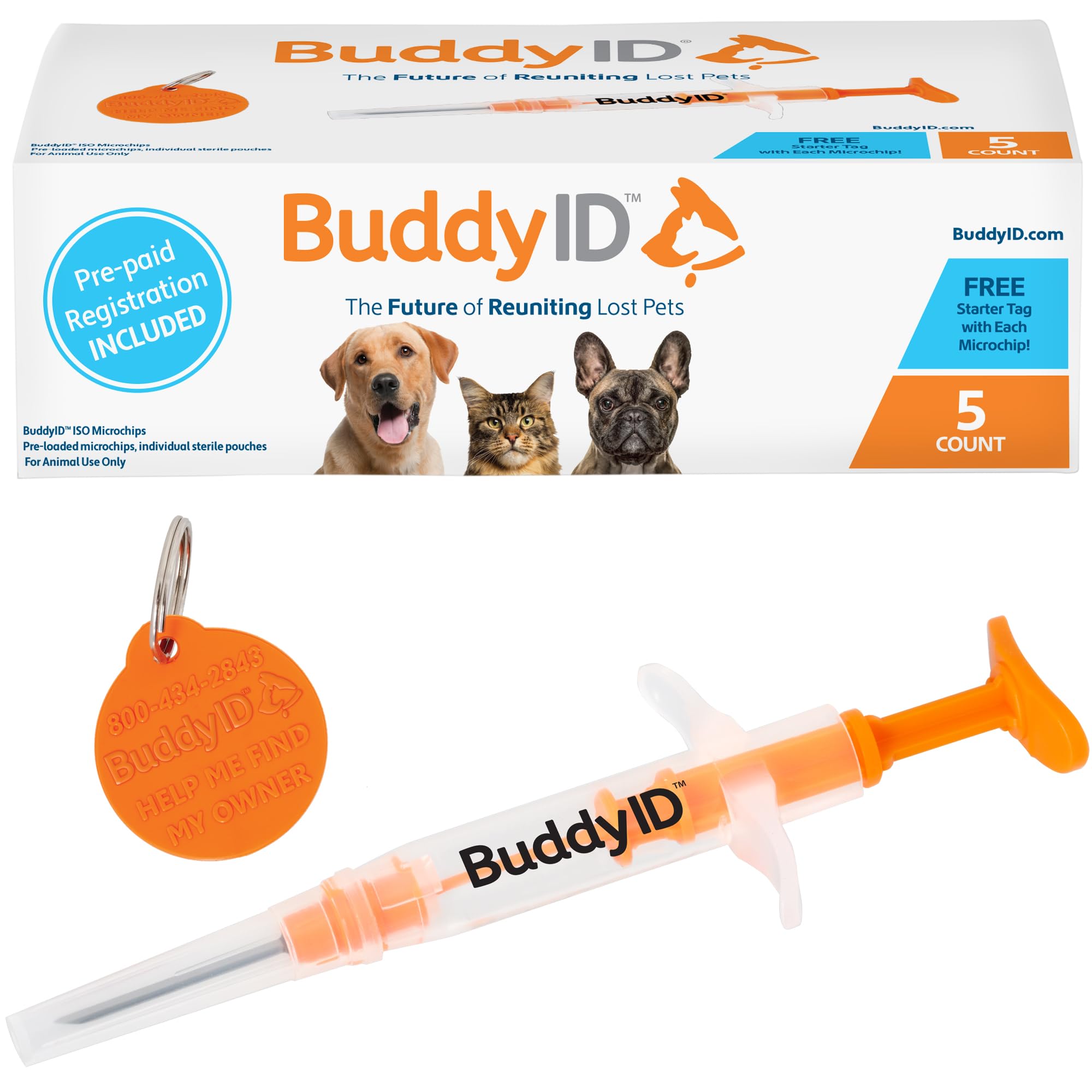 BuddyID ISO Pet Mini Microchip with Pre-Paid Lifetime Registration and Starter Tag, Universally Scannable, Sterile Syringe, Anti-Migration Coating, Parylene Sealer, for Dogs, Cats, Animals, 5-Count