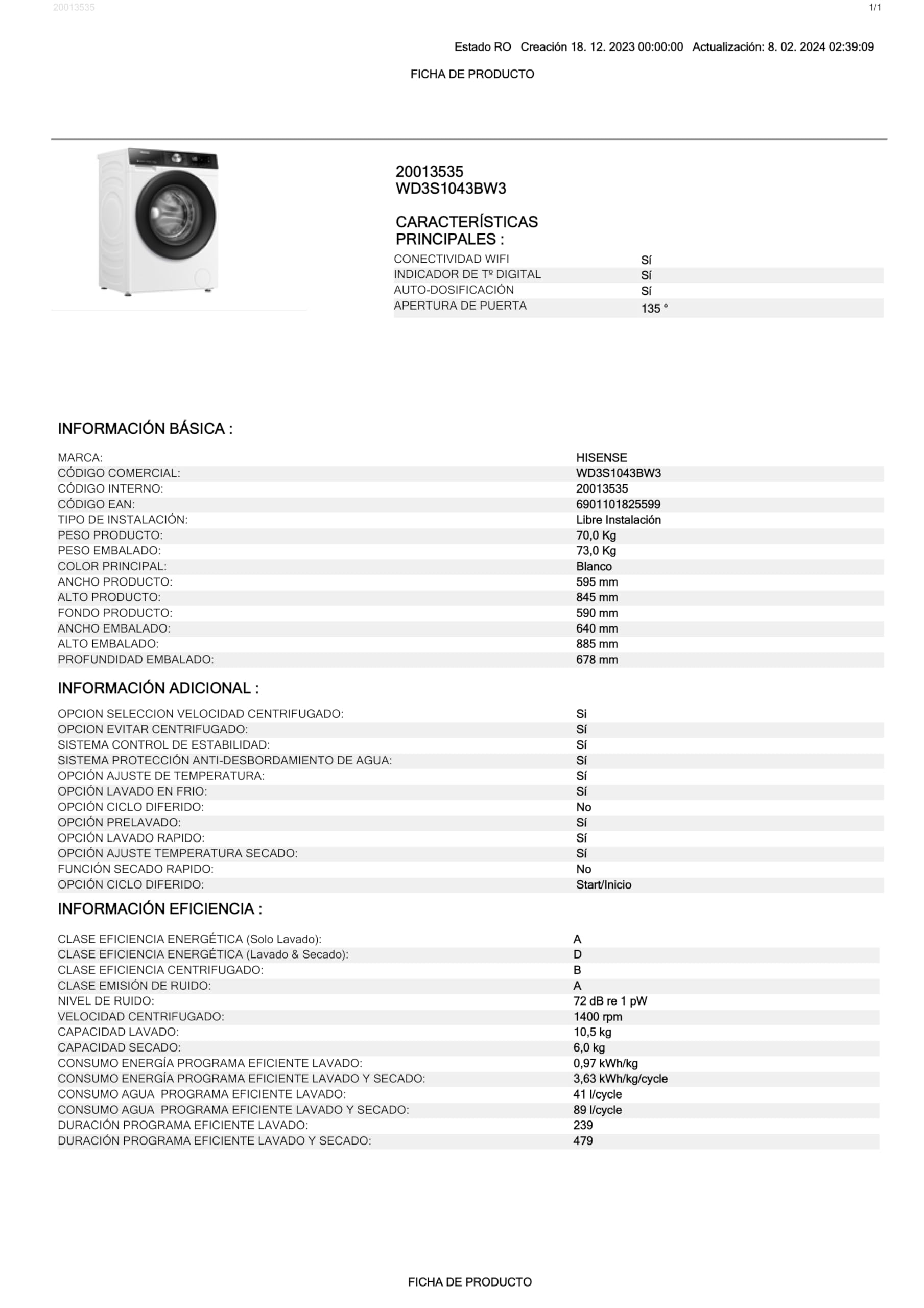 Hisense WD3S1043BW3 - Lavadora Secadora 2 en 1 con Vapor,Clase D/A, Carga Frontal 10.5 kg Lavado, Secadora 6 kg, Conectividad WiFi, Programación Asistida, Monitor de Consumo, Serie 3S, Blanco