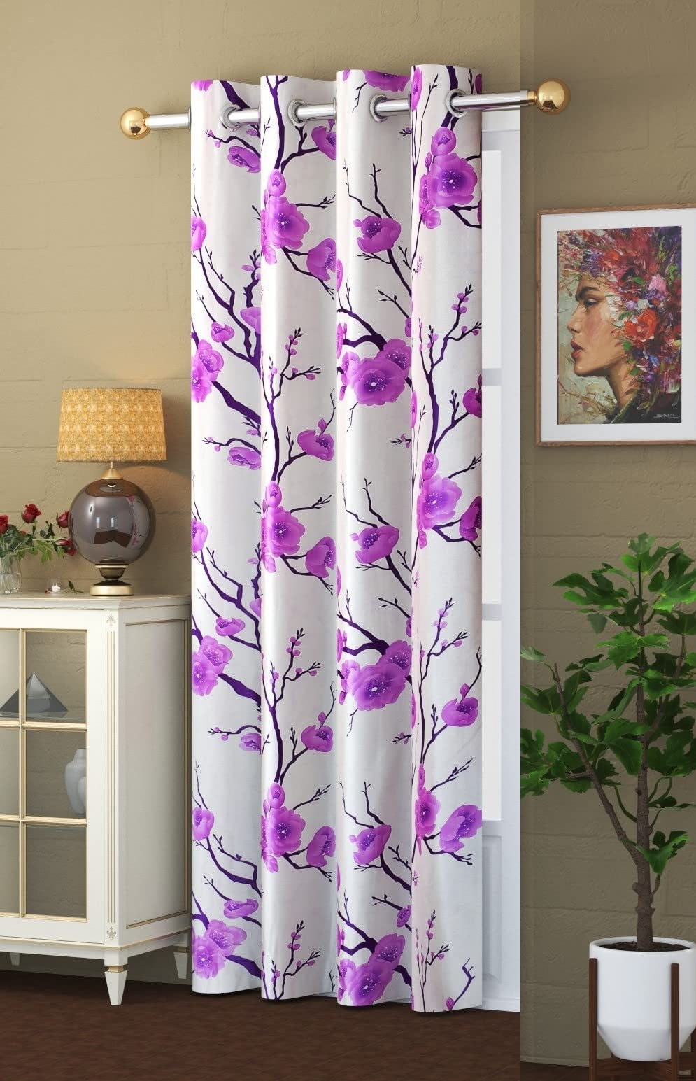 Yarnis 8 feet Polyester Floral Printed Light-Filtering Eyelet Living Room Door Curtain, Purple, 1 Piece (B093D6RLDW) Amazon Price History, Amazon Price Tracker