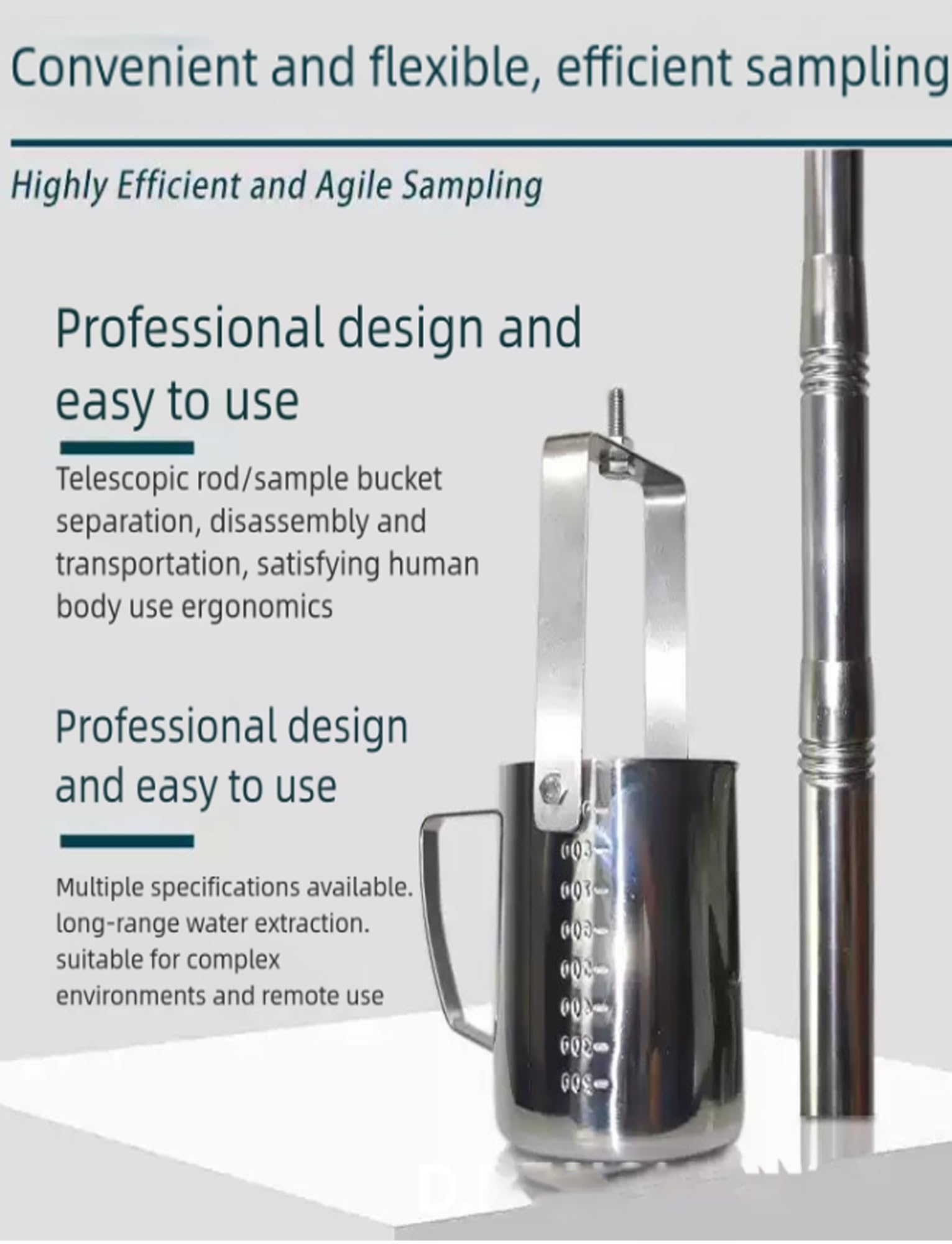 Pértiga telescópica de acero inoxidable for muestreo de agua,cucharón extensible análisis de agua,muestreo de laboratorio y monitoreo ambiental,varilla de recolección retráctil.(1000ml,300cm/118in)
