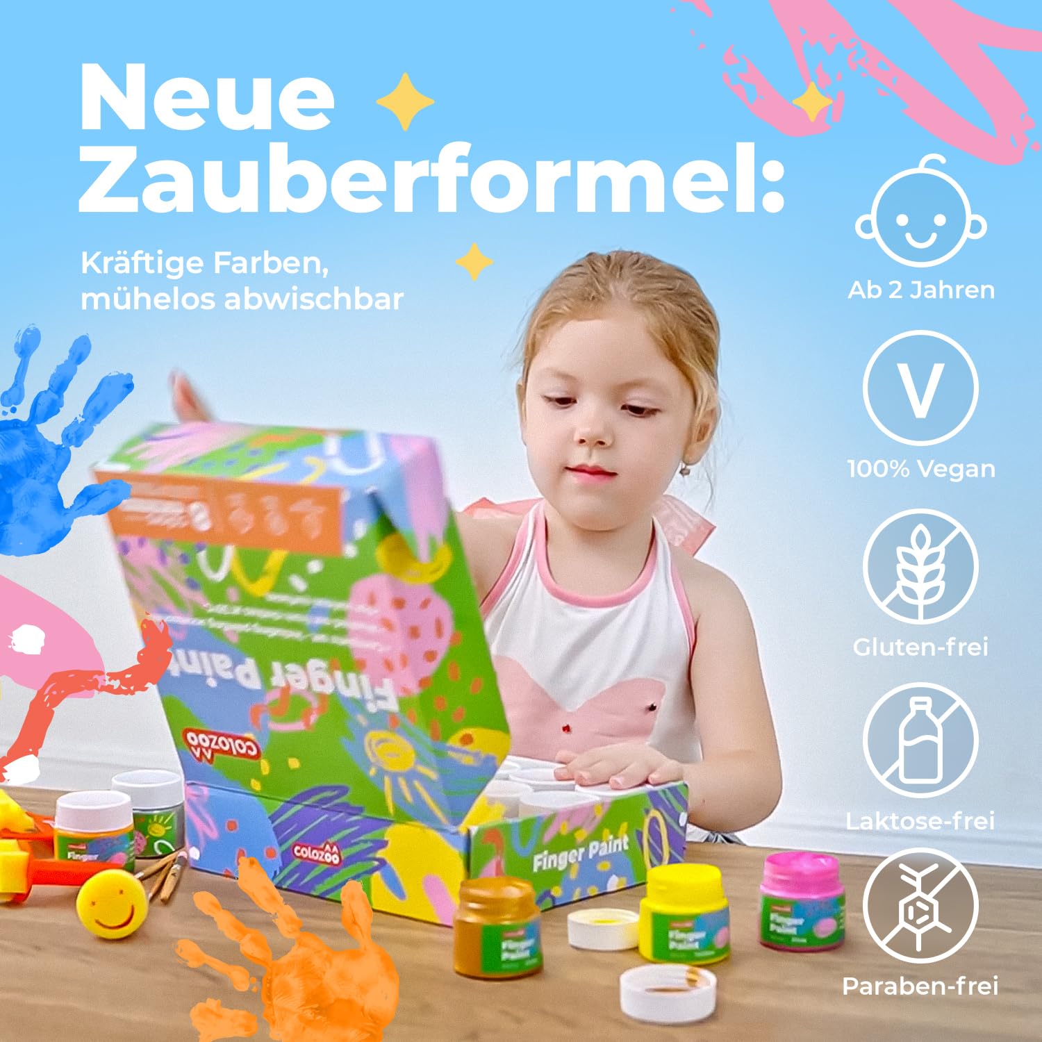 colozoo Fingerfarben Kinder Ungiftig Set inkl. Malzubehör | 8x100ml inkl. Gold & Silber | Fingerfarbe Paraben-, Gluten- & Laktosefrei, auf Wasserbasis, Vegan | Leicht zu reinigen