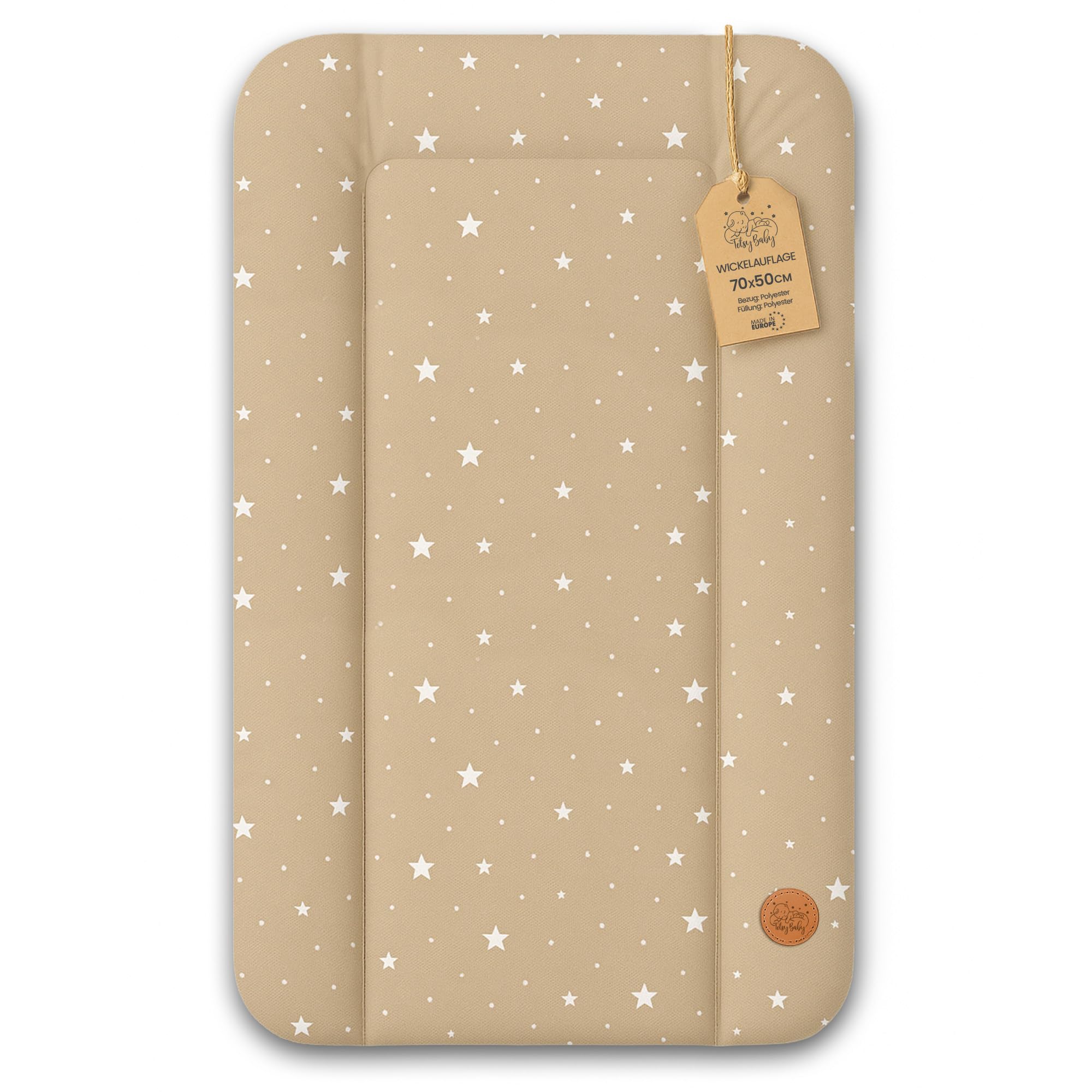 Fasciatoio neonato 70x50 cm - materassino portatile universale lavabile e impermeabile su cassettiera lavatrice e tavolo cuscino da viaggio tappetino materasso Beige con stelle bianche