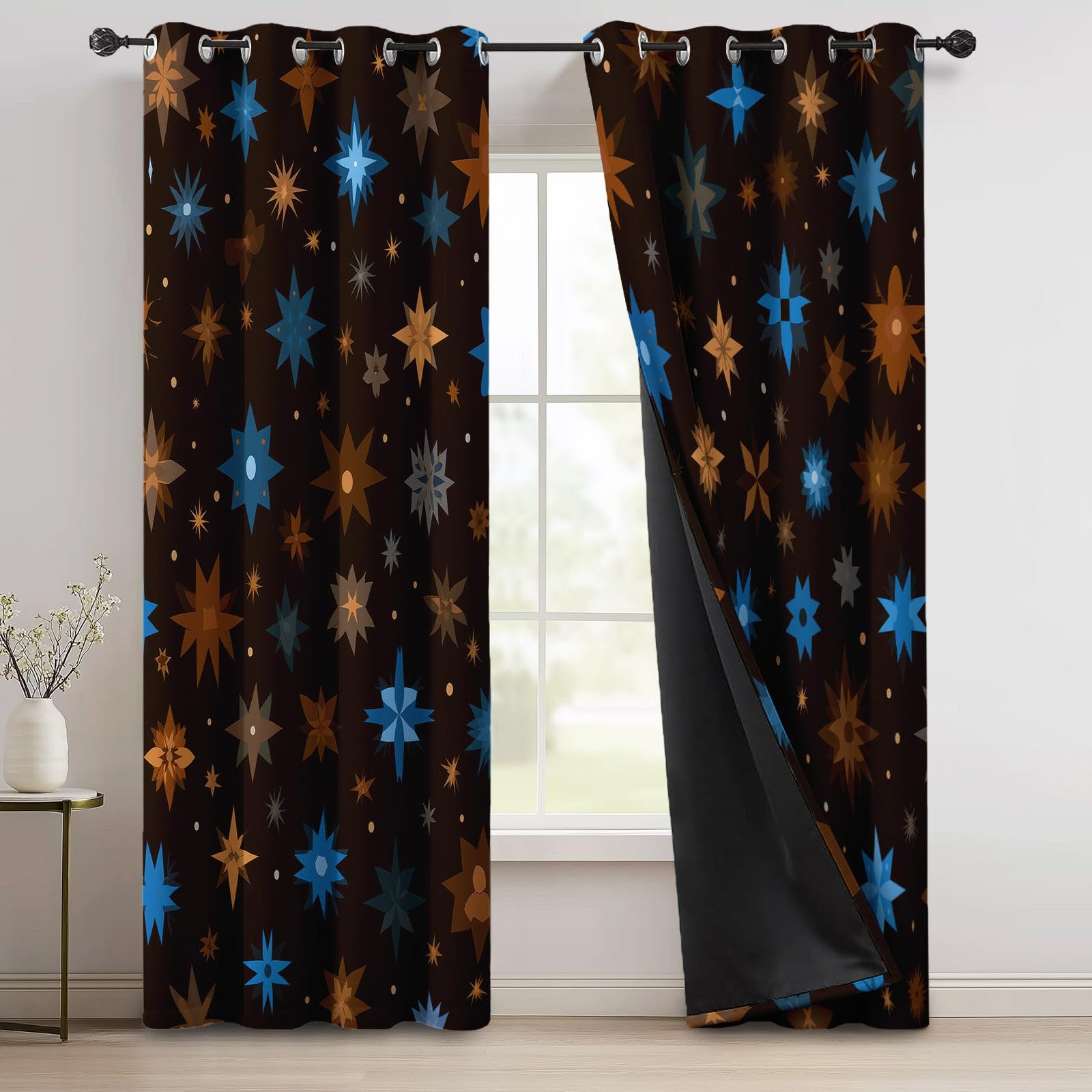 Abstrakt Blickdicht Vorhänge Dunkelbraun, Wärmeisoliert UV-Schutz vorhänge mit Sterne Schneeflocken Muster, Verdunklungsvorhänge mit ösen für Wohnzimmer Schlafzimmer Deko, H 175 x B 140 cm (2er Pack)