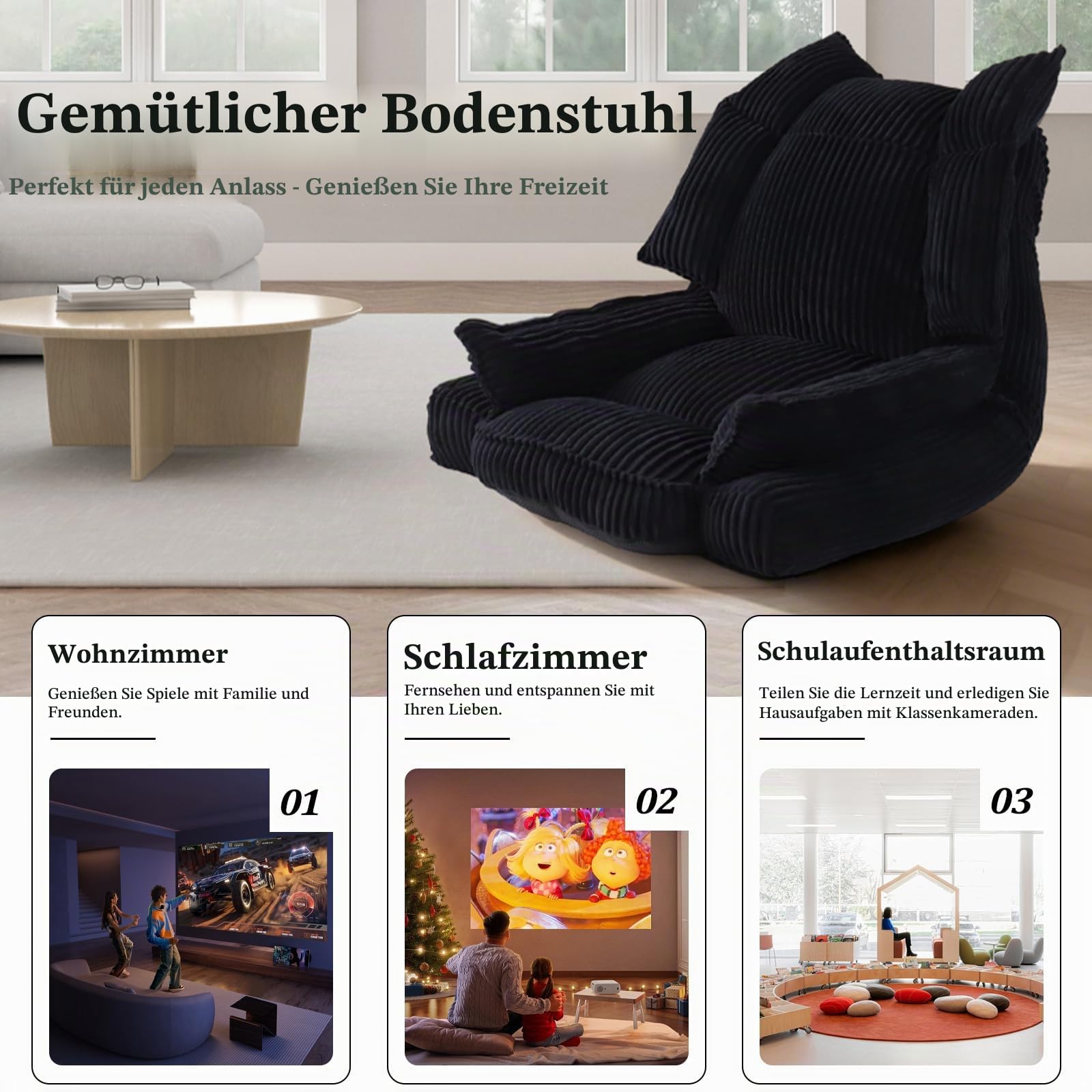Bodenstuhl mit Rückenlehne, 5-Fach Verstellbarer Relaxsessel & Liege, Faltbarer Gaming-Stuhl mit weichem Sitzpolster, bequemer Lesesessel für Wohnzimmer & Schlafzimmer