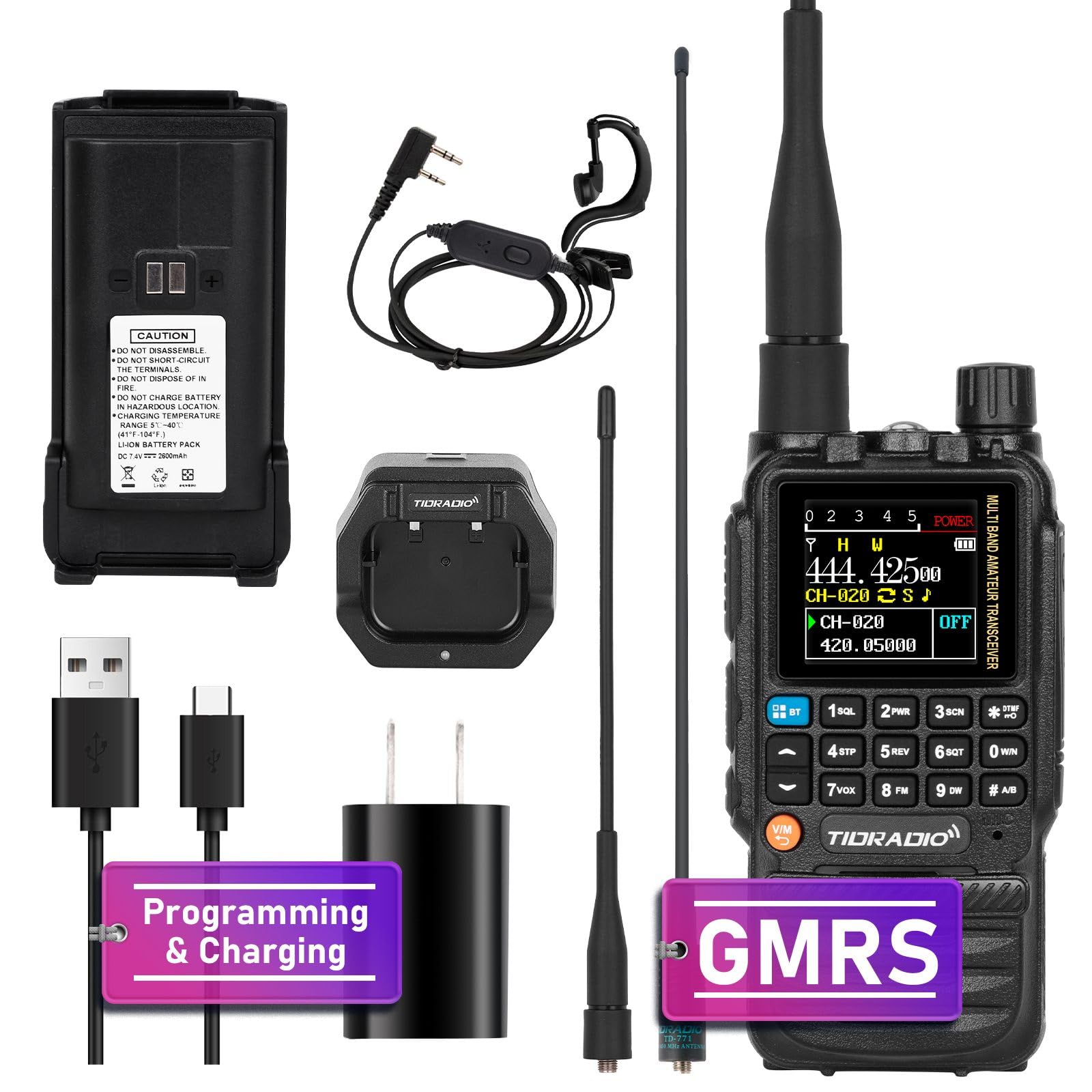 TIDRADIOTD-H3 GMRS Radio Handheld Long Range,Multi-Band Receiving Two-Way Radio,USB-C Programming & Charging,2500mAh Battery,AM/FM Reception,NOAA VOX SCAN,Walkie Talkie with Earpiece & 771 Antenna