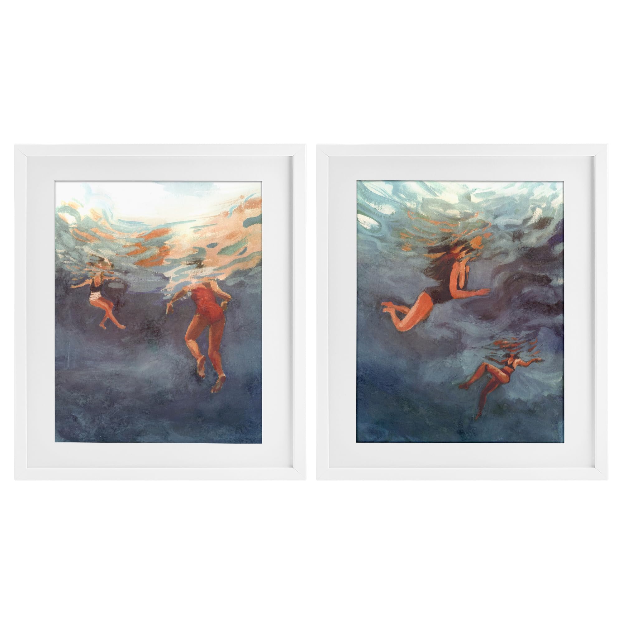 Stupell Industries Coastal White (Textured) Ocean Swimmers Motion Landscape, 17 X 21 Inch Framed Print Under Glass Set
