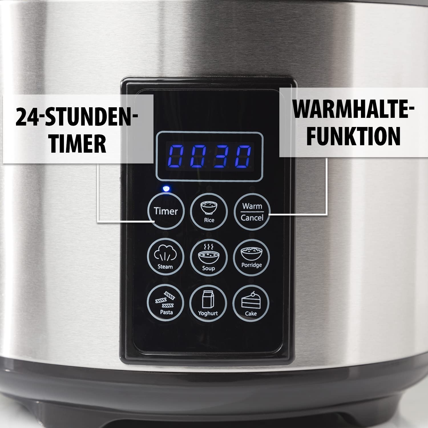Tristar Reis- und Dampfgarer XL (2,2 L), 24 h Warmhaltefunktion, 7 Programme, Digitales Bedienfeld, Timer, Für 8-10 Personen, BPA-frei, inkl. Reislöffel, Messbecher, Dampfkorb, Silber, RK-6138