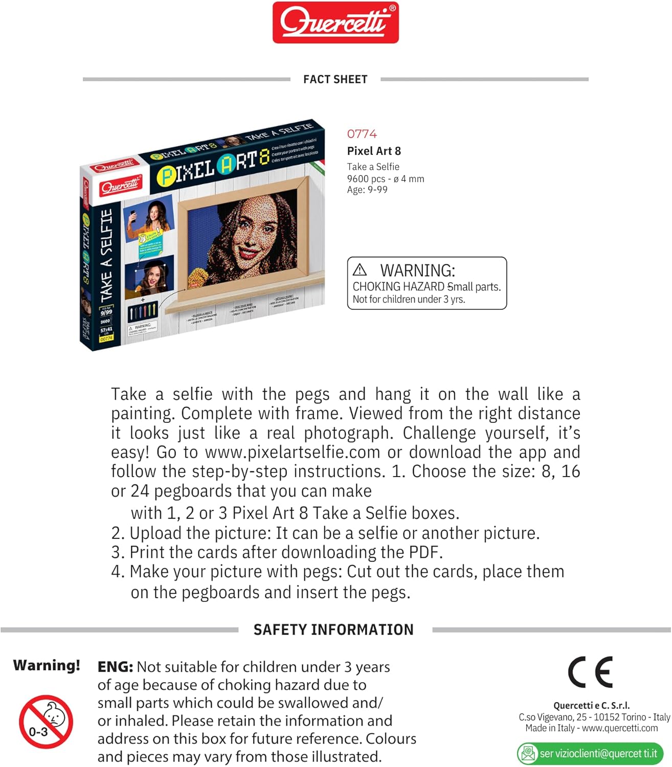 Quercetti Pixel Art 8 Take a Selfie Mosaic Kit - Turn Any Photo into Mosaic Art with 9600 Pegs in 6 Colors and 8 Pegboards, with Frame for Hanging and Display, Ages 9 Years and Up