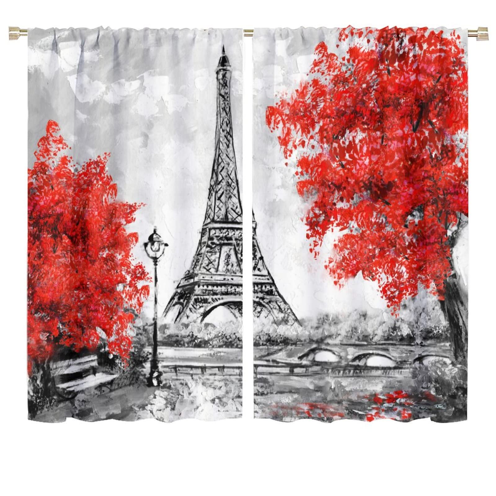 JESTRONRY City Landscape Retro Curtains,Red Paris Oil Painting Eiffel Tower Romance Theme Blackout Rod Pocket Window Drapes Set 2 Panes for Living Room Bedroom Kitchen Cafe W72xL63in