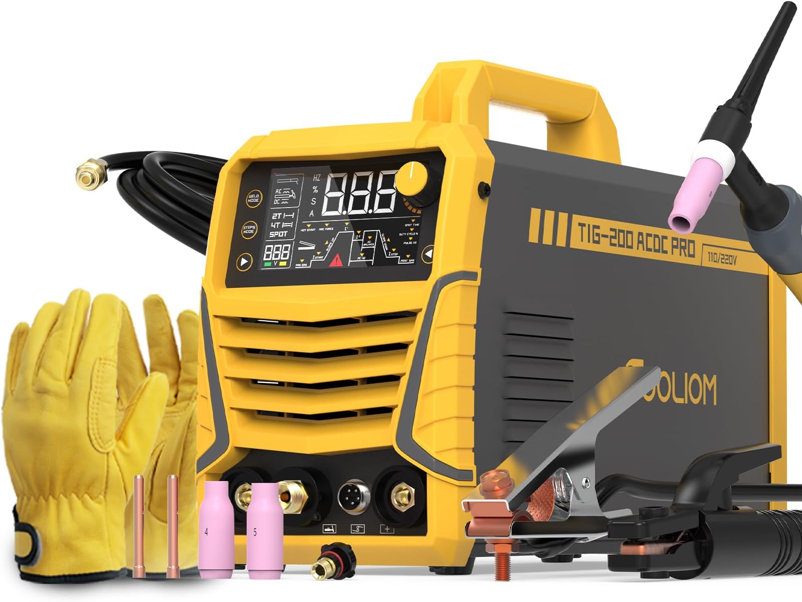 TOOLIOM 200A AC/DC TIG Welder with Pulse, Dual Voltage 110V/220V, Aluminum Welder with IGBT Inverter, Large LED Display, AC TIG/DC TIG/Pulse TIG/SPOT TIG/Stick Multiprocess Welding Machine