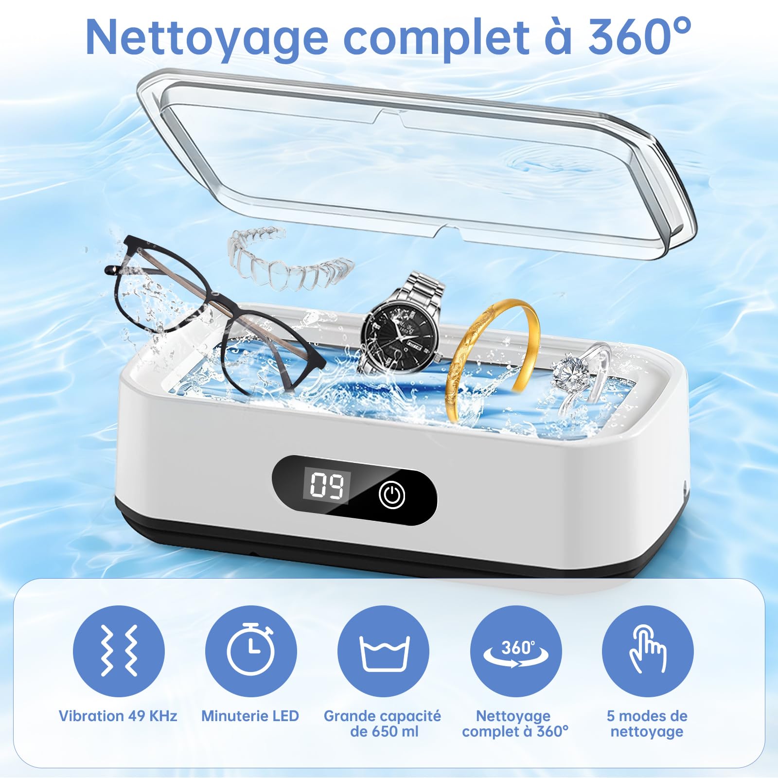 Nettoyeur à Ultrasons 49 kHz, Capacité 650 ml, Nettoyage à 360°, Appareil de Nettoyage pour Lunettes, Bijoux et Pinceaux de Maquillage