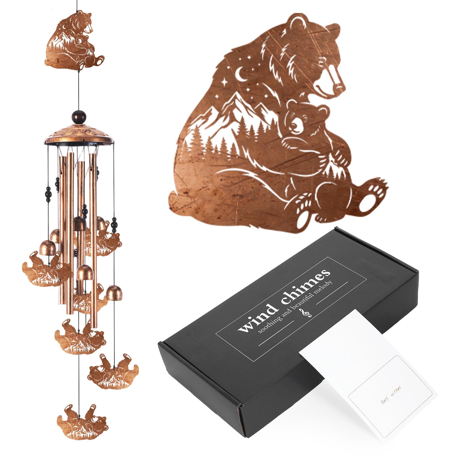 Riletese Bear Wind Chimes for Outside, Memorial Wind Chimes with Card & Gift Box, Antique Metal Bear Decor for Garden Patio Porch, Unique Sympathy Bear Gifts for Women Mom Grandma