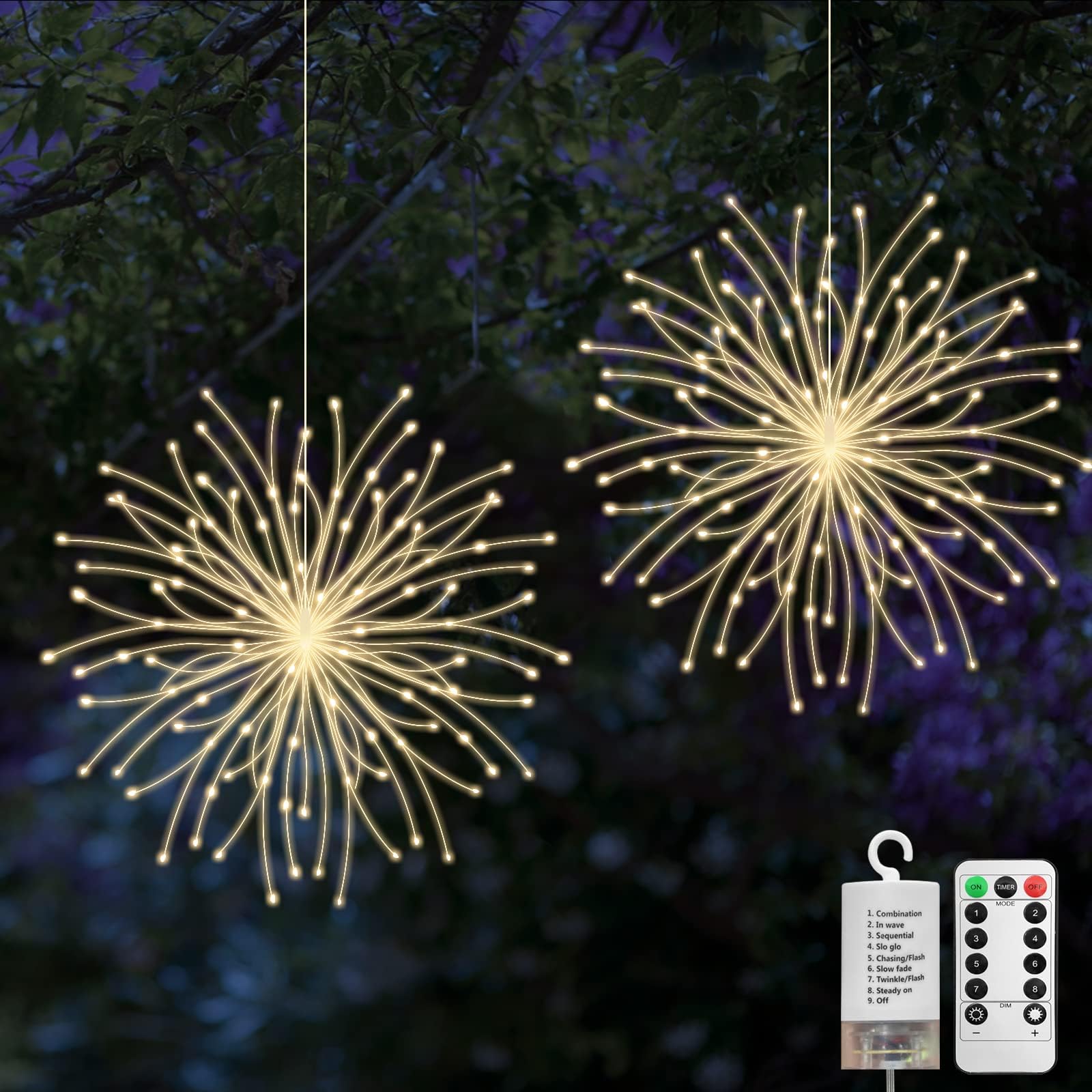 Jsdoin 2 Pack Starburst Lights, 200 LED Dimmable Garden Hanging Lights with Remote and Waterproof Copper Wire, Perfect for Wedding and Christmas Decorations Indoor and Outdoor