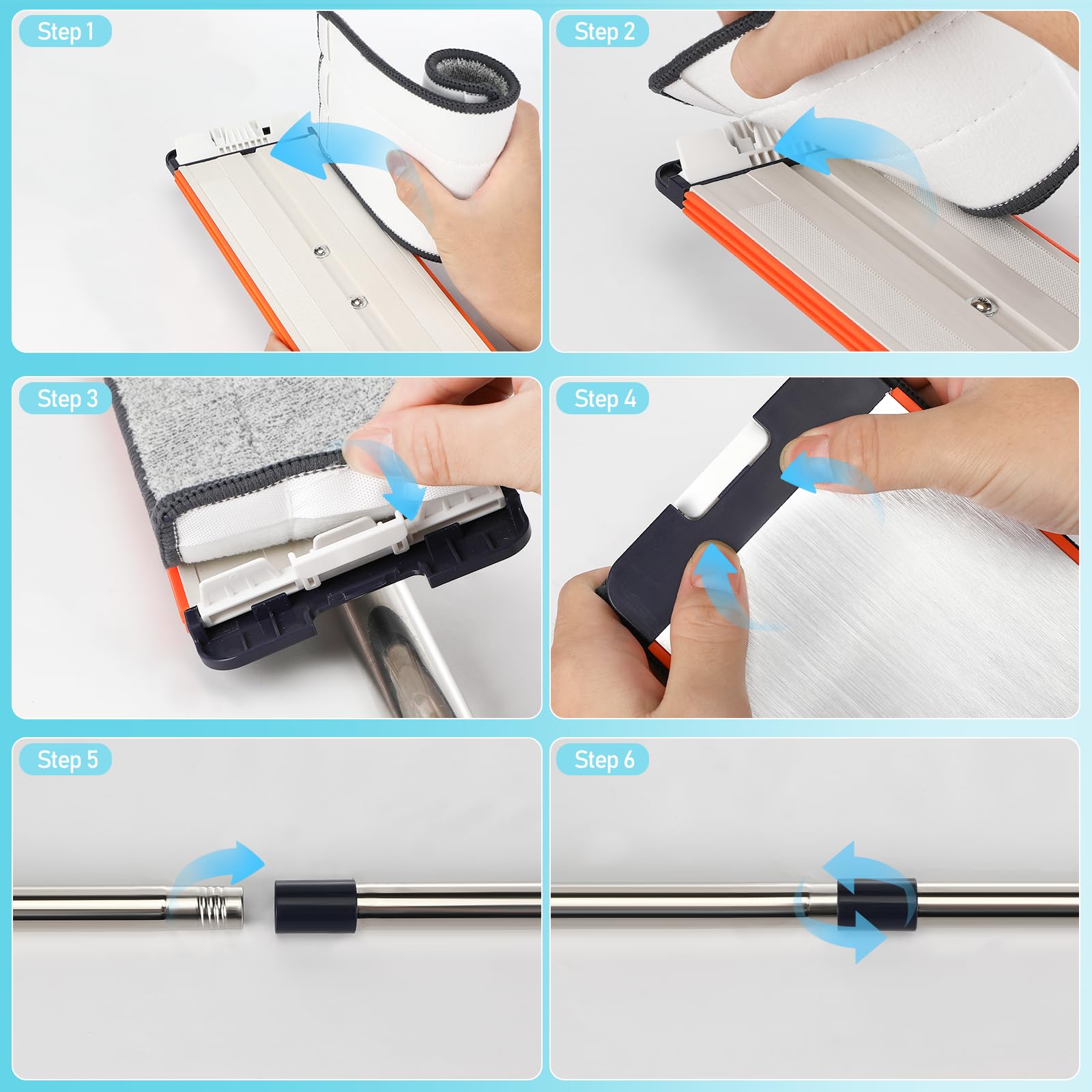 Ensemble Balai Serpillère avec Seau Essoreur,Set de 6 tampons en Microfibre et équipé d'un Manche allongé et épaissi de 155 cm, sépare la saleté de l'eau Douce,pour Tous Les sols, Blanc
