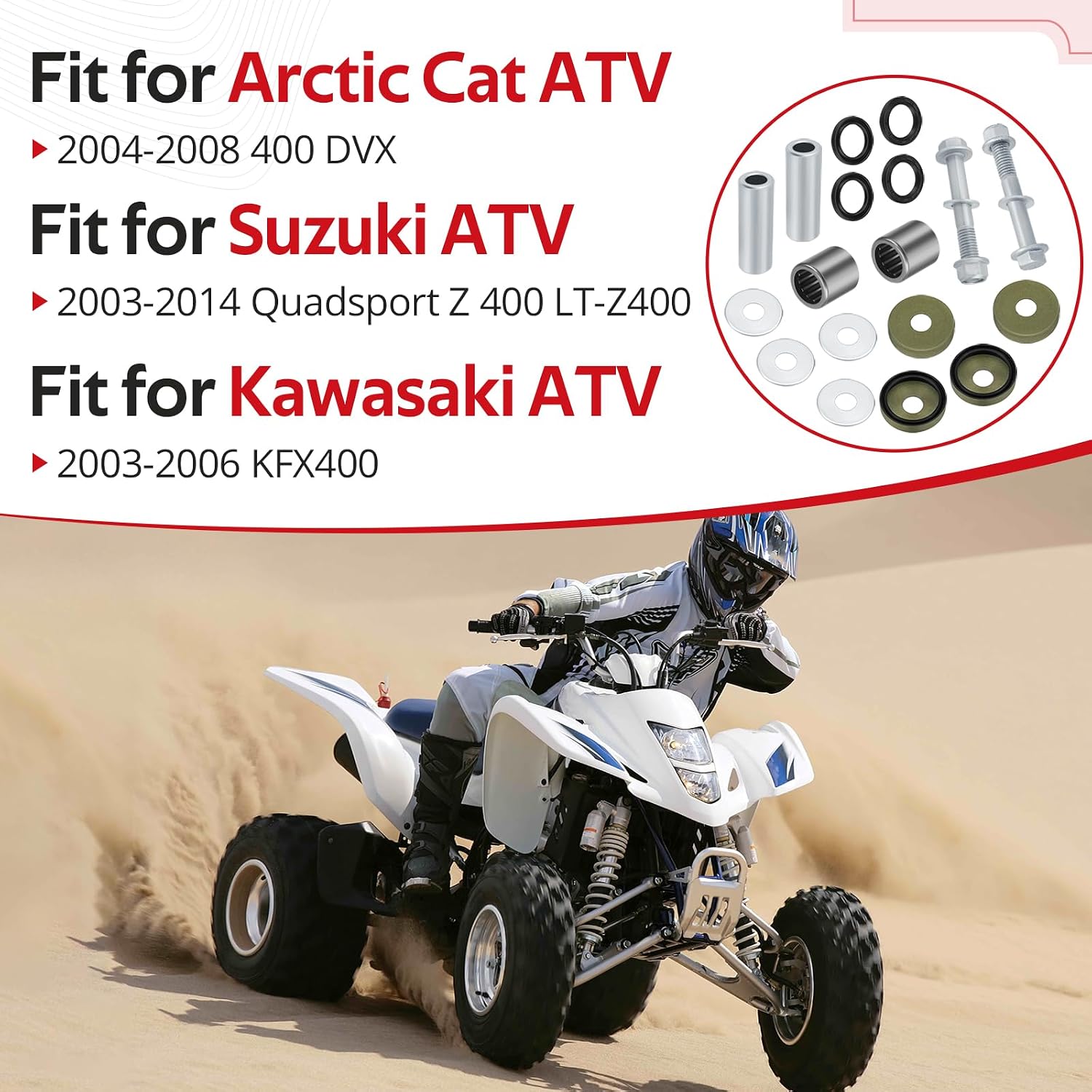 JAVIK 1 Set Front Lower A Arm Bushing Seal with Bolt Kit for Suzuki 2003-2014 LT-Z400 for Arctic Cat 2004-2008 400 DVX for Kawasaki 2003-2006 KFX400 OEM# 52455-43B00 52455-07G00 92026-S095