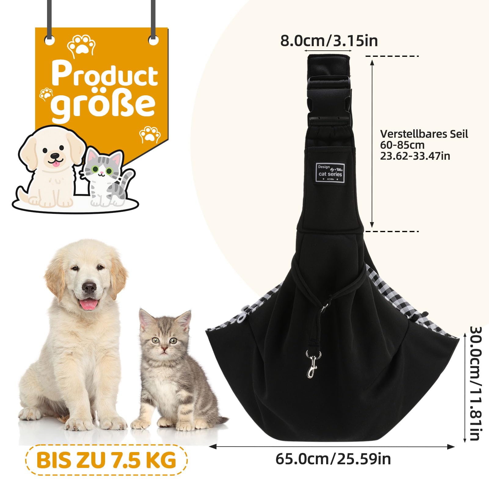 Sac de Transport pour Chien Chat Jusqu’à 7.5 KG, Réglable Sac de Transport avec Corde de Sécurité pour Petit Animaux, Sac à Bandoulière pour L'extérieur, Les Voyages, Le Métro