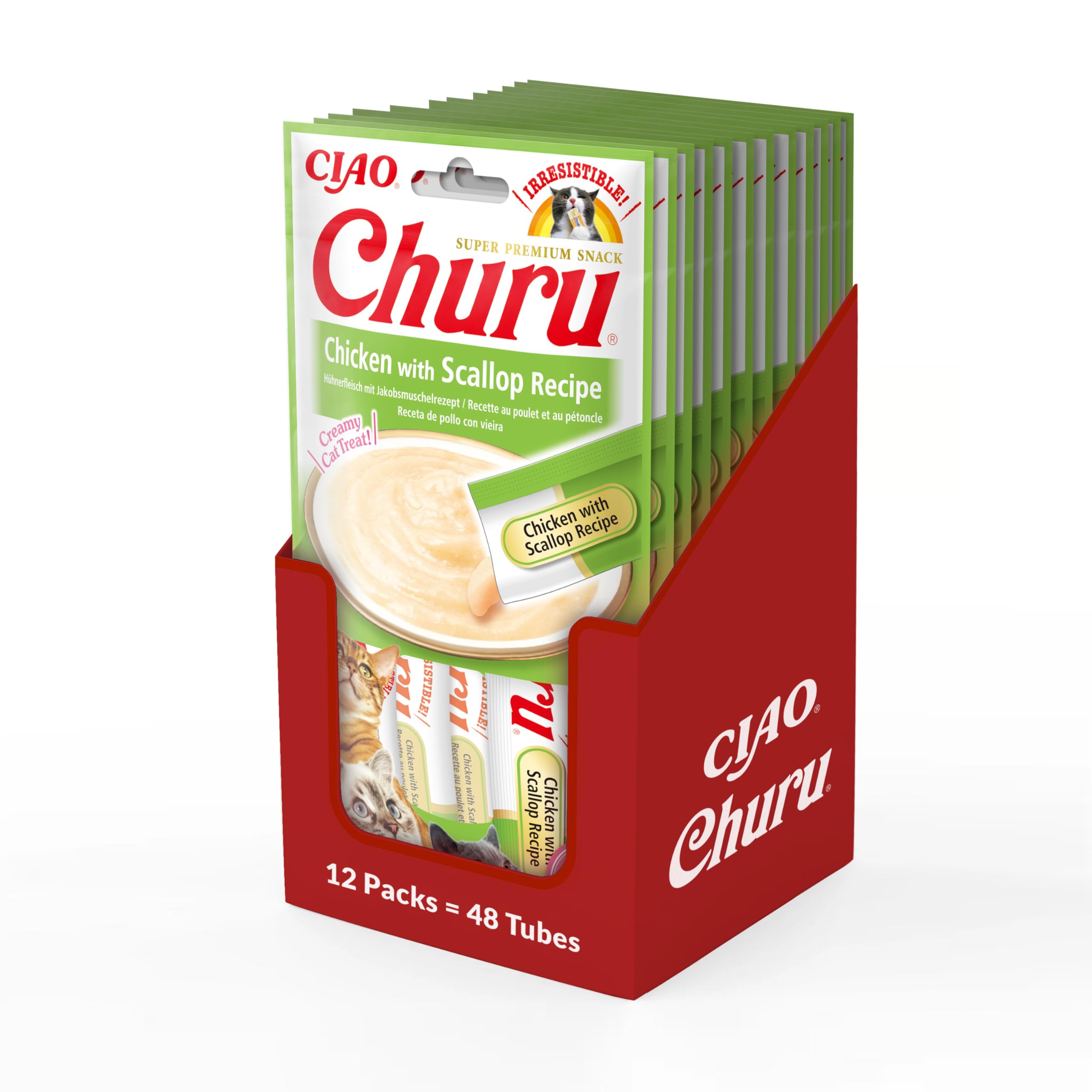 Ciao Churu Sticks by INABA Cat Treat - Chicken & Scallop Flavour 12 Pack (48 x 14g total) / Soft & Creamy Cat Treat, Delicious & Healthy Snack, Purée Food Topper, Pill Assist, Natural, Grain Free
