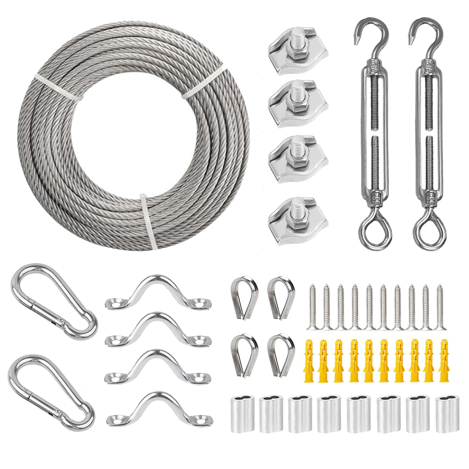 30M Set di fune metallica in acciaio inox 304, 5mm Fune Acciaio in PVC Rivestito con Tenditore M8, per Stendibiancheria, Giardino, Tende