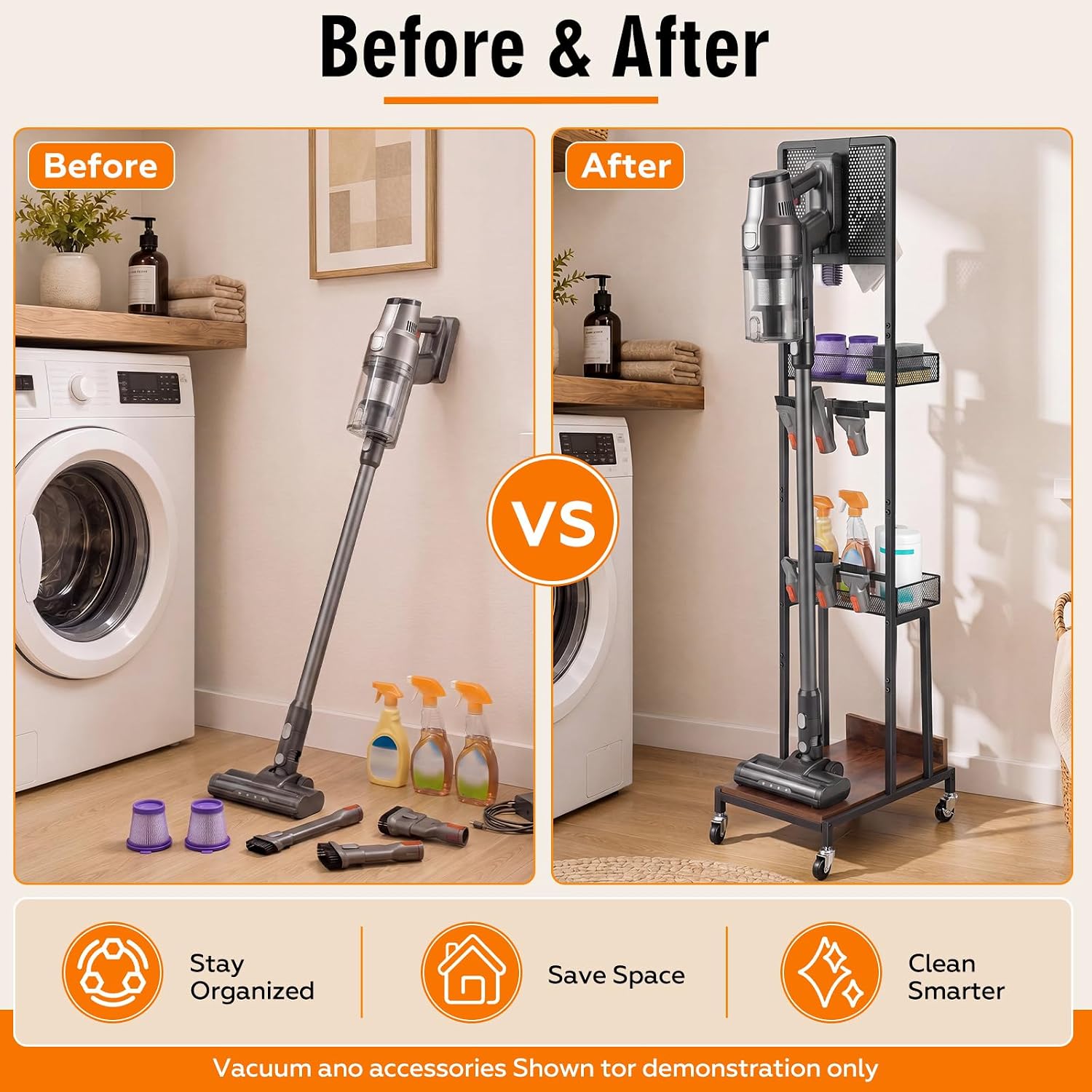 Chumia Vacuum Stand for Multiple Handheld Models, Metal Storage Bracket with 10 Hooks Floor Docking Station Vacuum Standing Dock with Accessory Holder