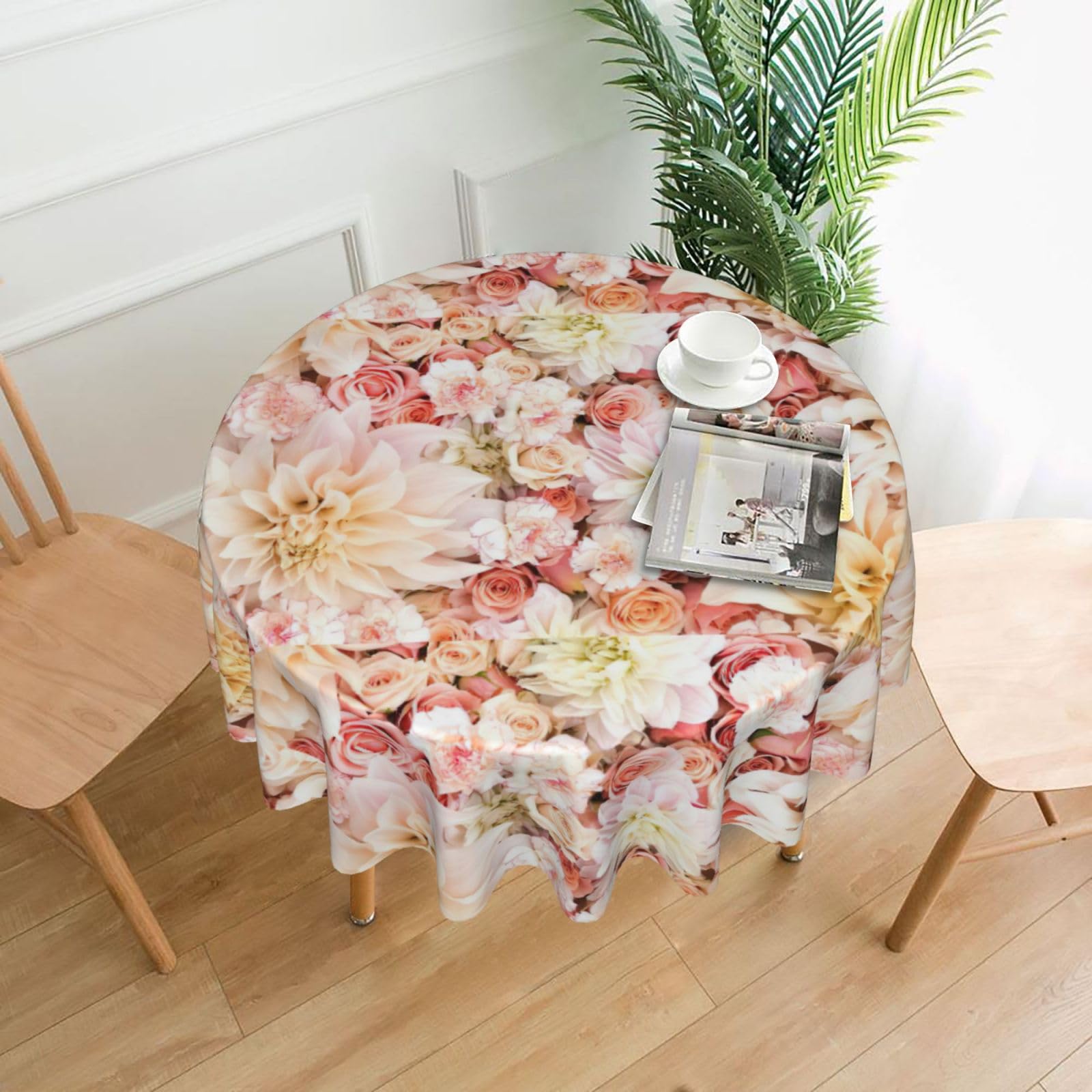 SDEGTHO White flower Print Boho Round Tablecloth 60in Vintage Polyester Cover for Wedding Party Thanksgiving