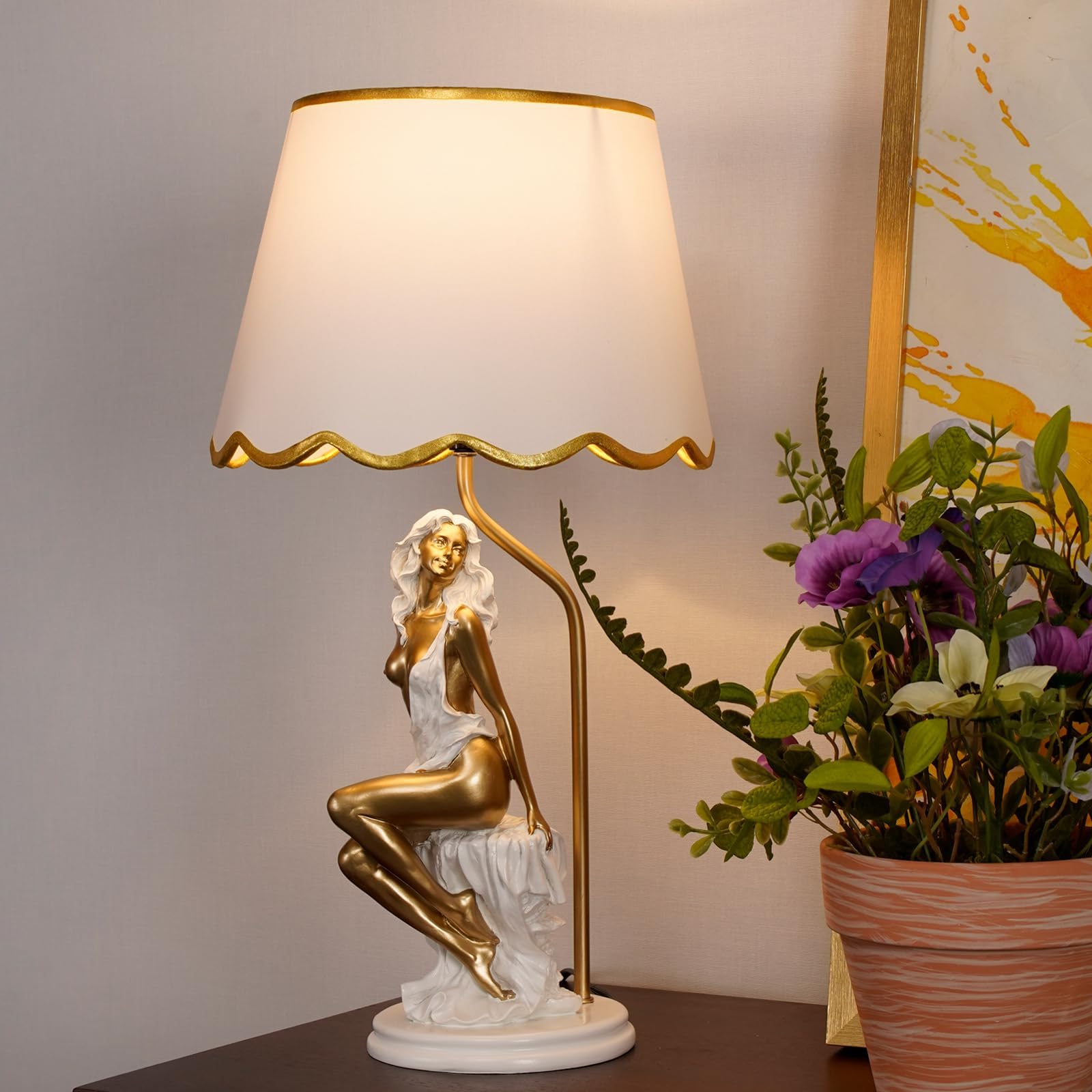 Flrxhk Girls Gold Decorative Table Lamp With Artistic Figure Base, White Shade, Accents